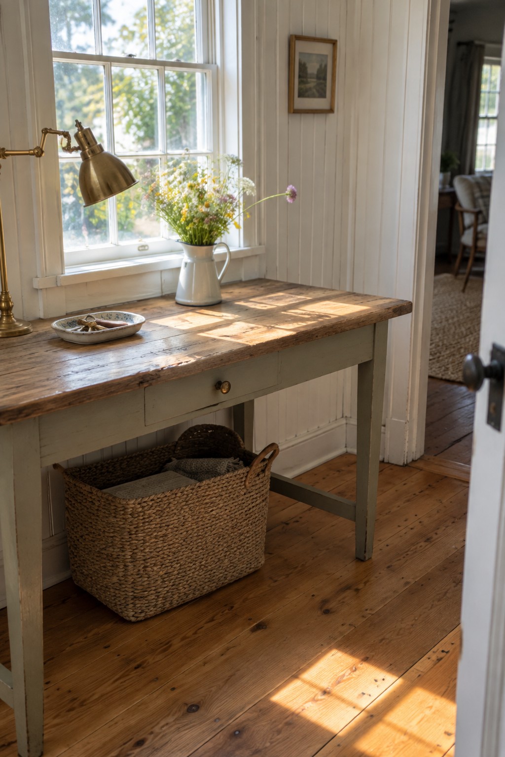 A wooden desk under a window with a large woven basket stored underneath holding folded textiles and minimal items on the desktop.