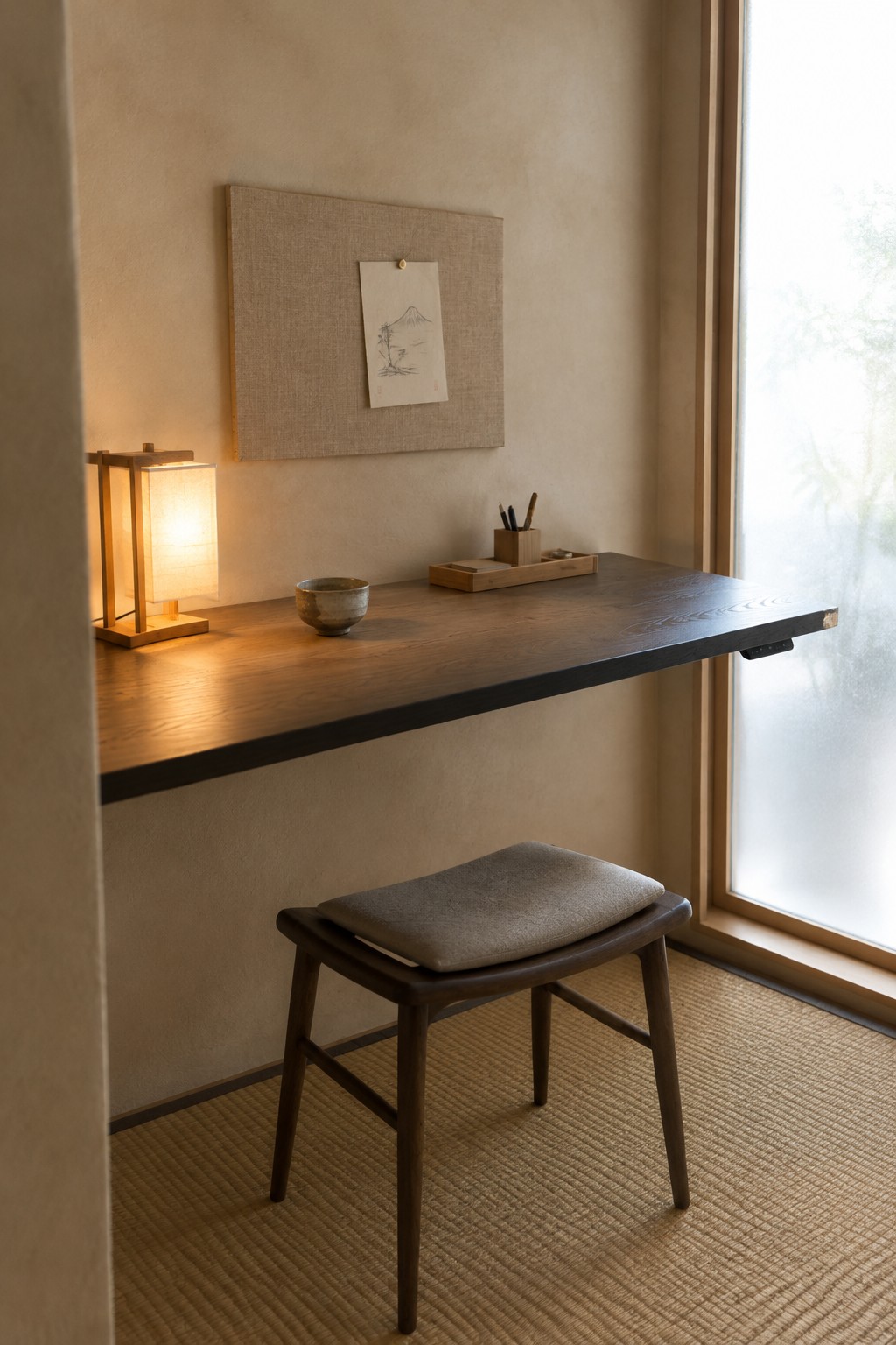A wooden wall-mounted desk with a lit lantern lamp, ceramic bowl, and small tray on top, positioned below a fabric pinboard holding one sheet of paper, with a low cushioned stool on tatami flooring beside a large window.