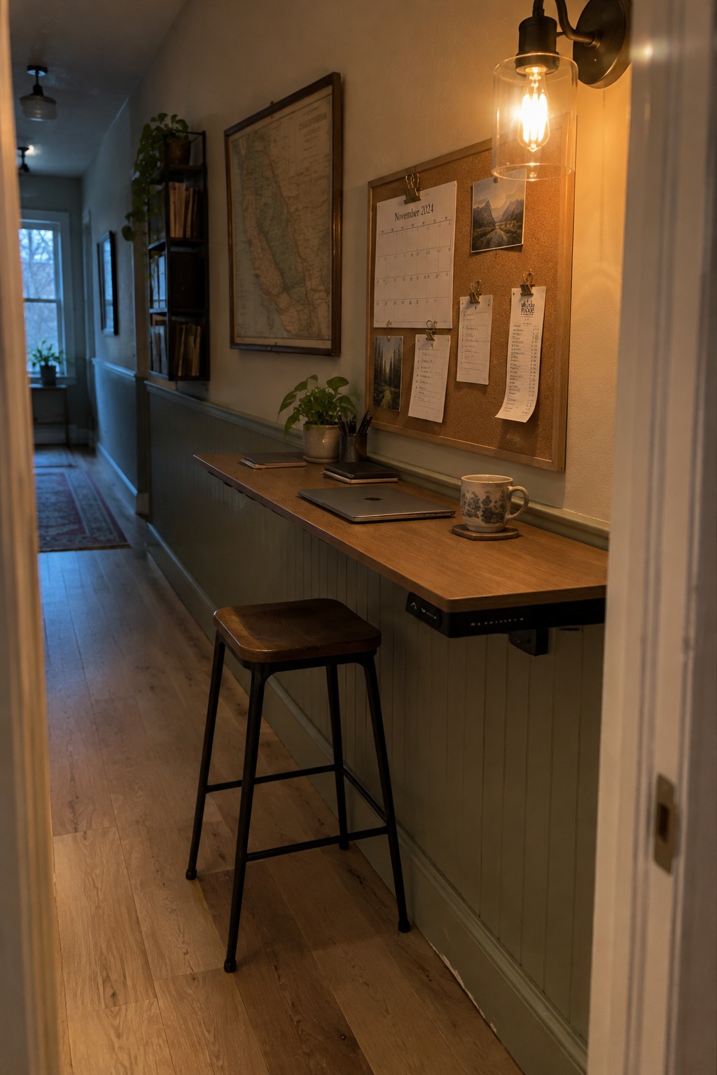 Floating wooden desk with laptop, stool, corkboard calendar, and warm sconce light.