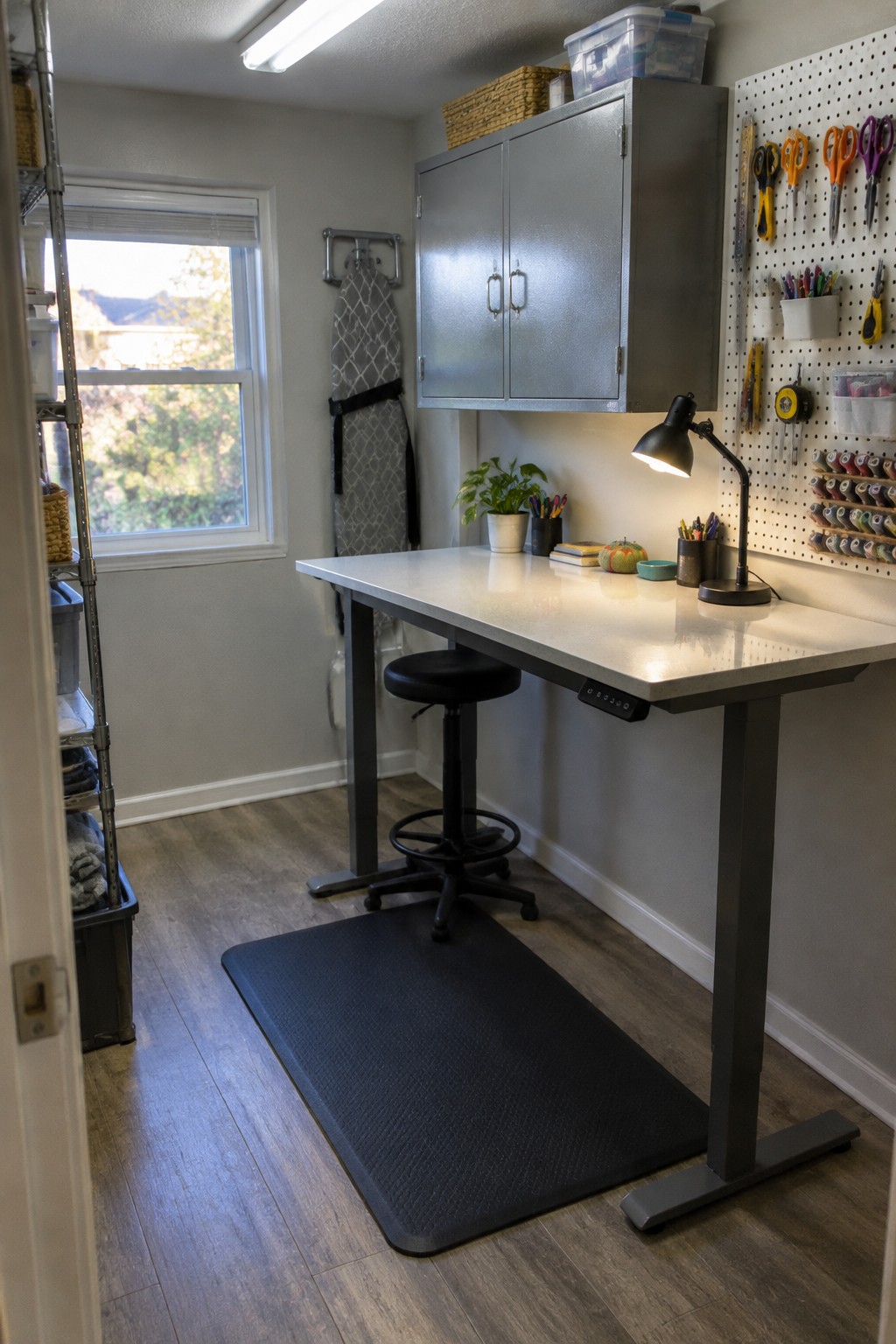 A home workspace with a white standing desk, black stool, wall-mounted pegboard holding tools, and gray cabinets above the desk.