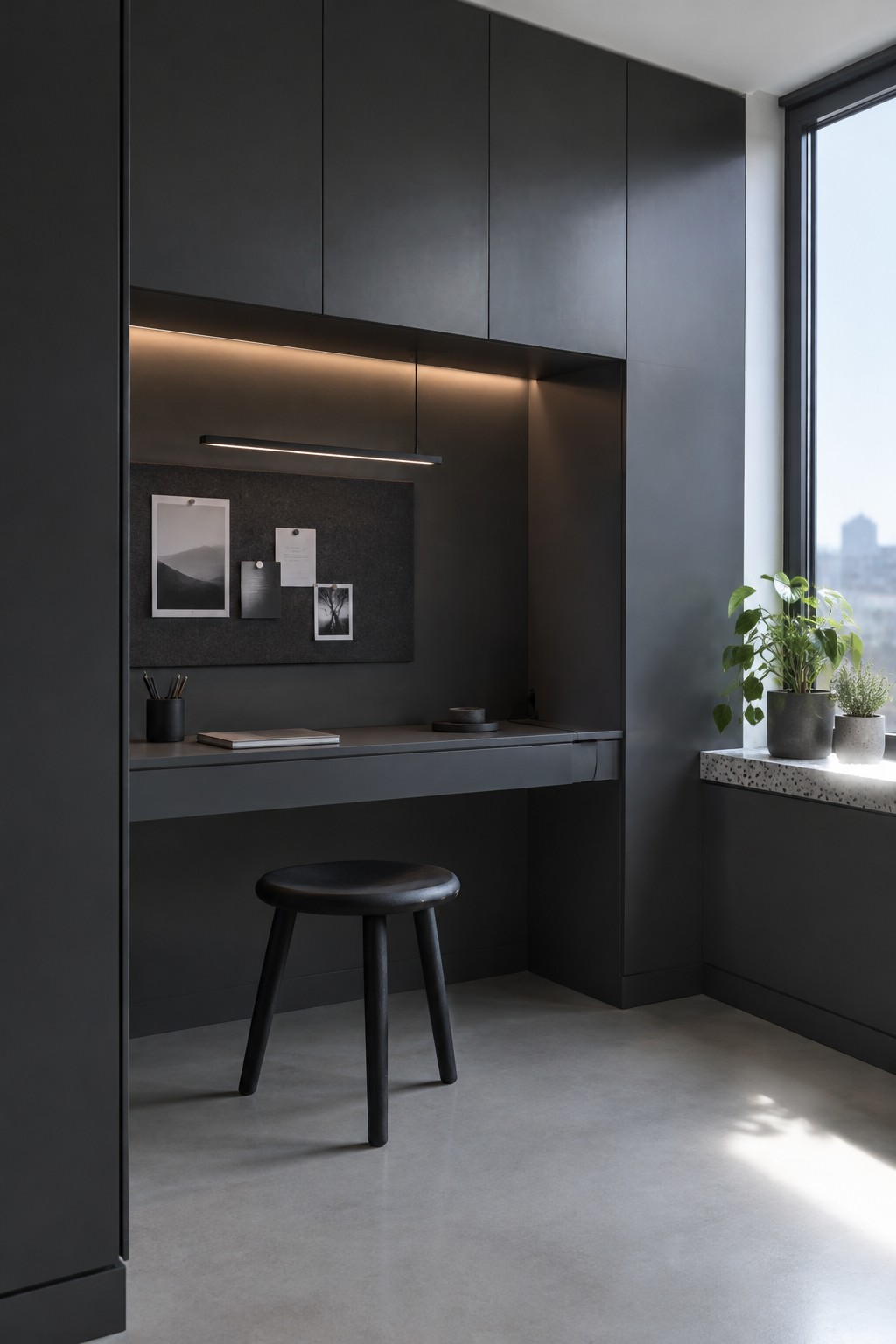 A dark built-in home office desk with floating surface, black stool, wall storage cabinet, and under-cabinet lighting, positioned beside a window with potted plants on the sill.