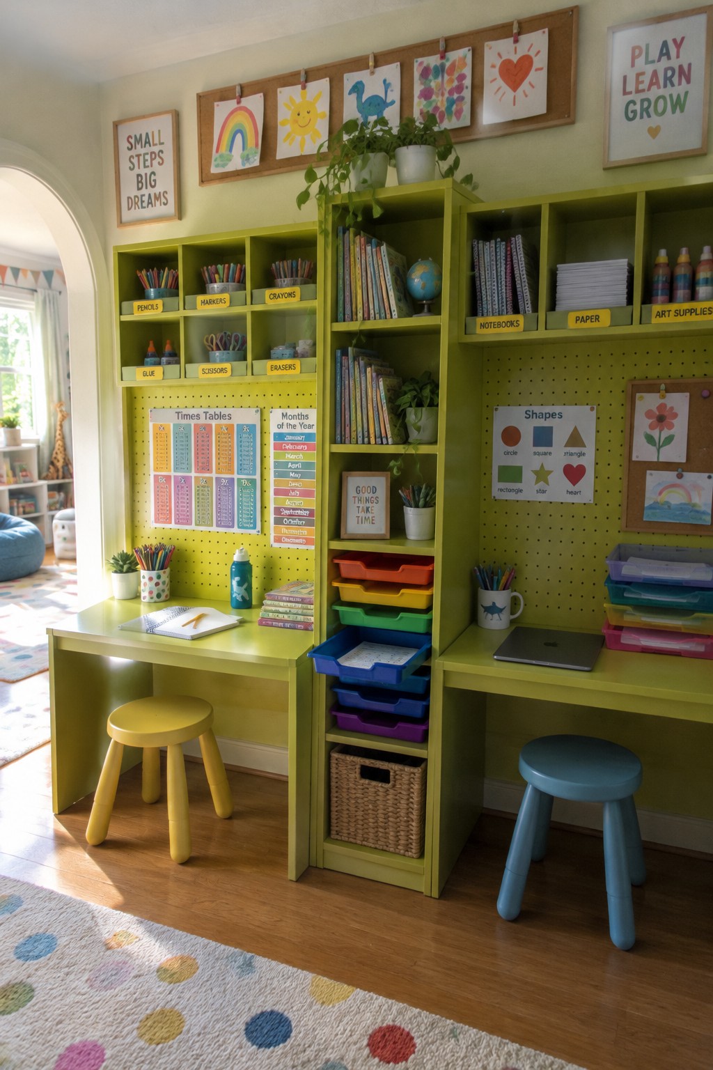 A bright lime green built-in storage wall with two small desks, colorful cubbies, pegboards, and two stools in a children's room.