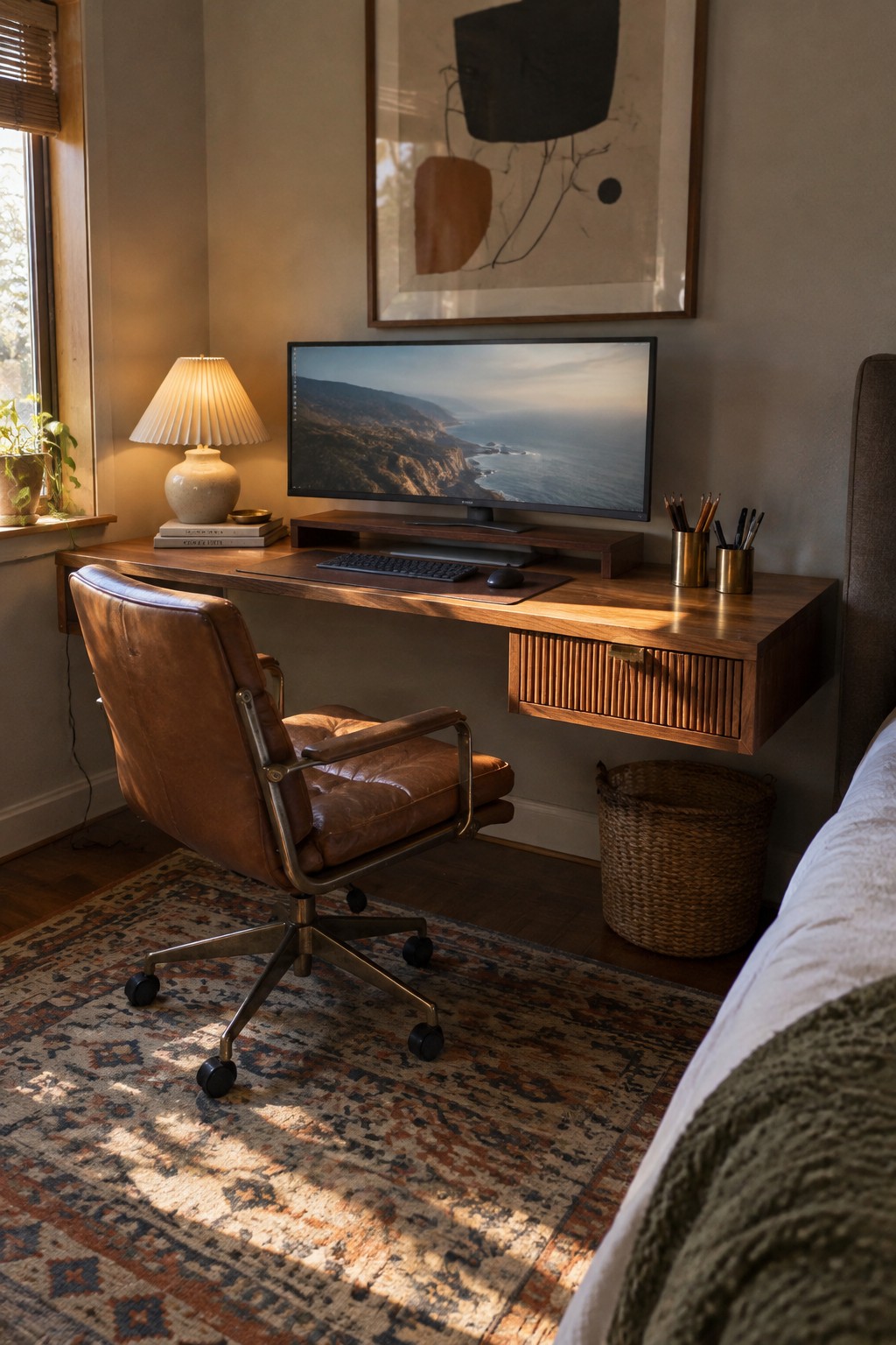 A wooden floating desk with a computer monitor on a riser, keyboard and mouse, plus a brown leather office chair on a patterned rug in a room with a window and wall art.