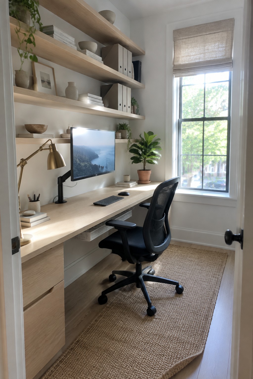 A home office featuring a long light wood desk with a computer monitor on an arm mount, floating wooden shelves above holding books and storage boxes, a black office chair, and a window to the right.