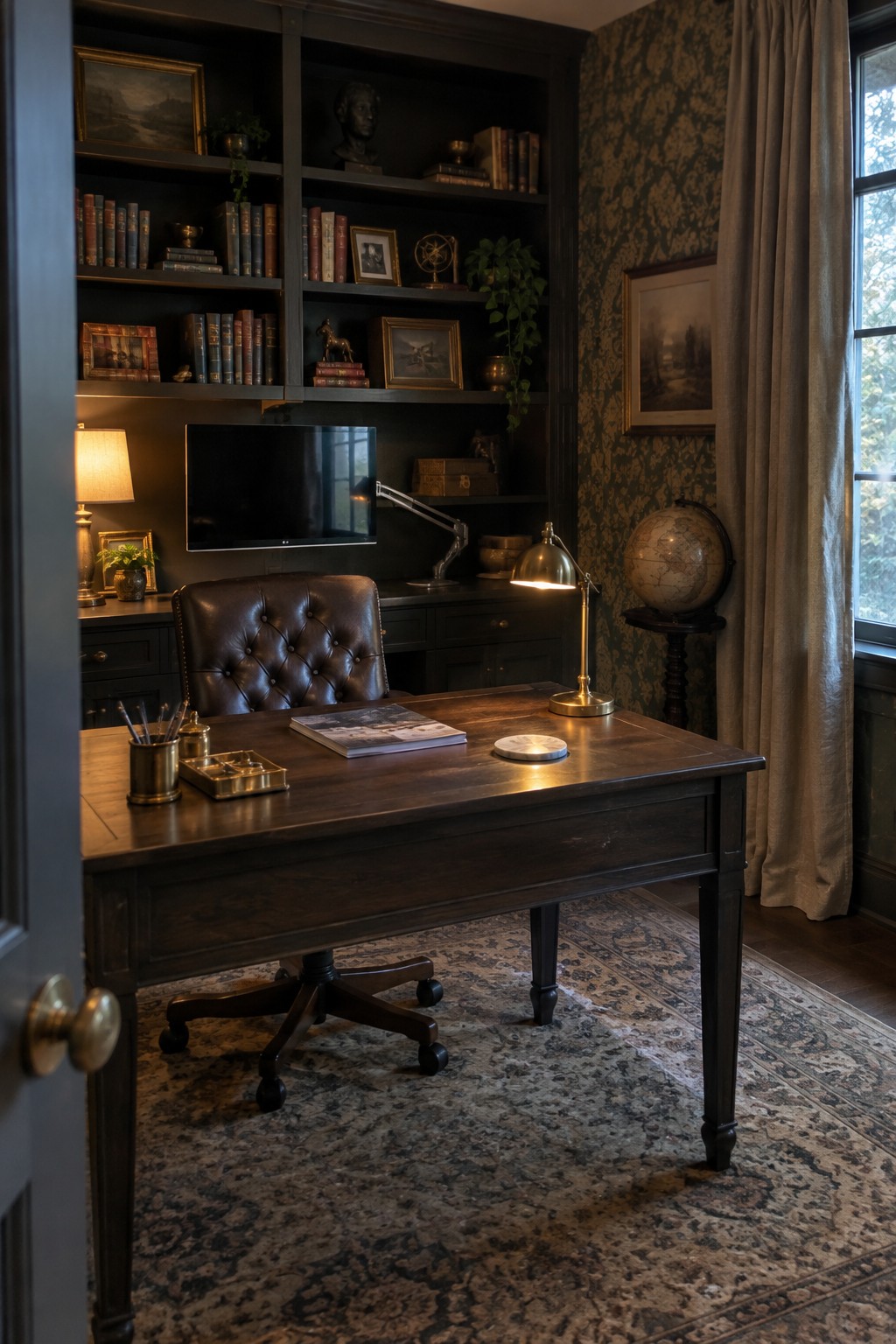 A dark wood desk with a tufted leather chair sits in front of built-in black shelves holding a centered flat screen monitor, books, and small decorative objects.