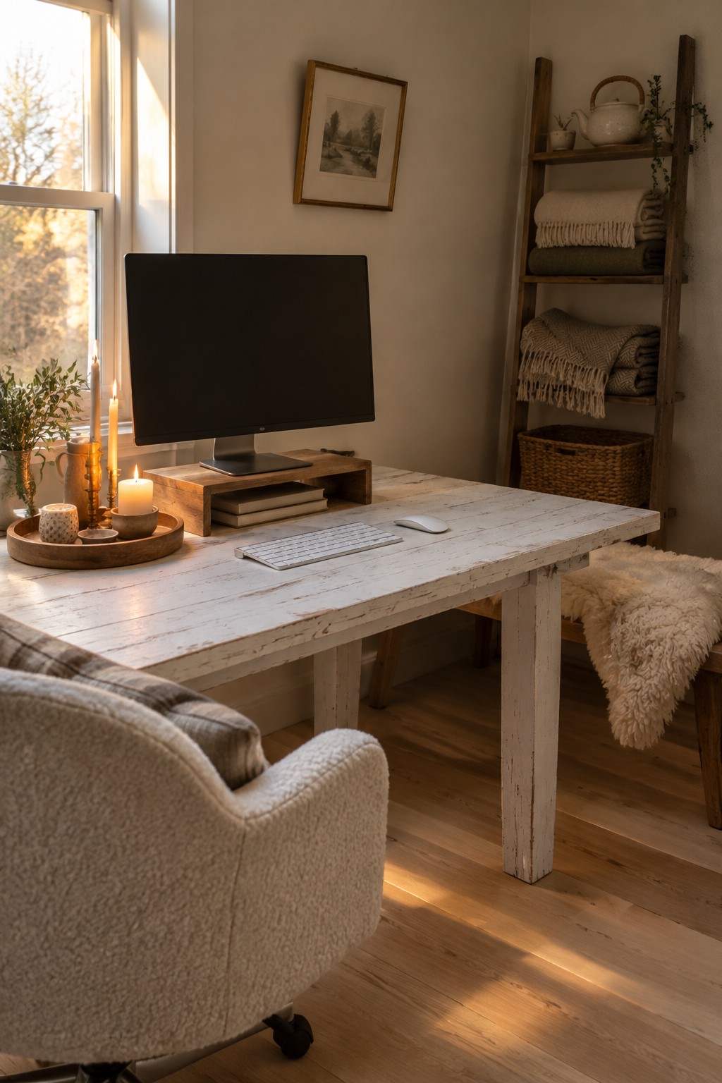 A whitewashed wooden desk holds a central computer monitor on a riser, with a keyboard and mouse in front, next to a window with lit candles on the left.