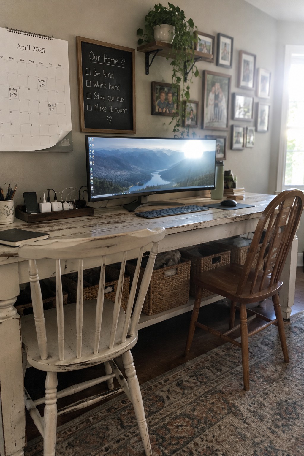 A home office desk with a large curved monitor showing a mountain landscape, keyboard, mouse, wooden chair, storage baskets underneath, wall calendar, and framed photos.