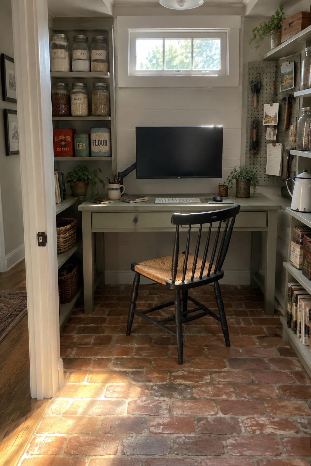 A small home office with a desk holding a monitor on an adjustable arm, a black spindle chair, open shelves with labeled jars, and a pegboard on the wall.