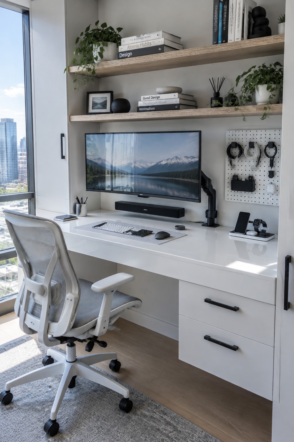 A home office features a white desk with a large centered monitor on an arm, floating wooden shelves above holding books and plants, a pegboard to the right, and an ergonomic white chair in front.