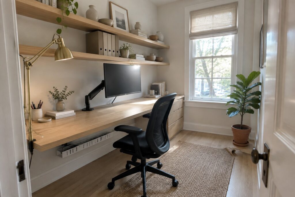 21 Smart Desk Setup Ideas With a Monitor-Centered Workspace A home office featuring a long light wood desk with a computer monitor on an arm mount, floating wooden shelves above holding books and storage boxes, a black office chair, and a window to the right.