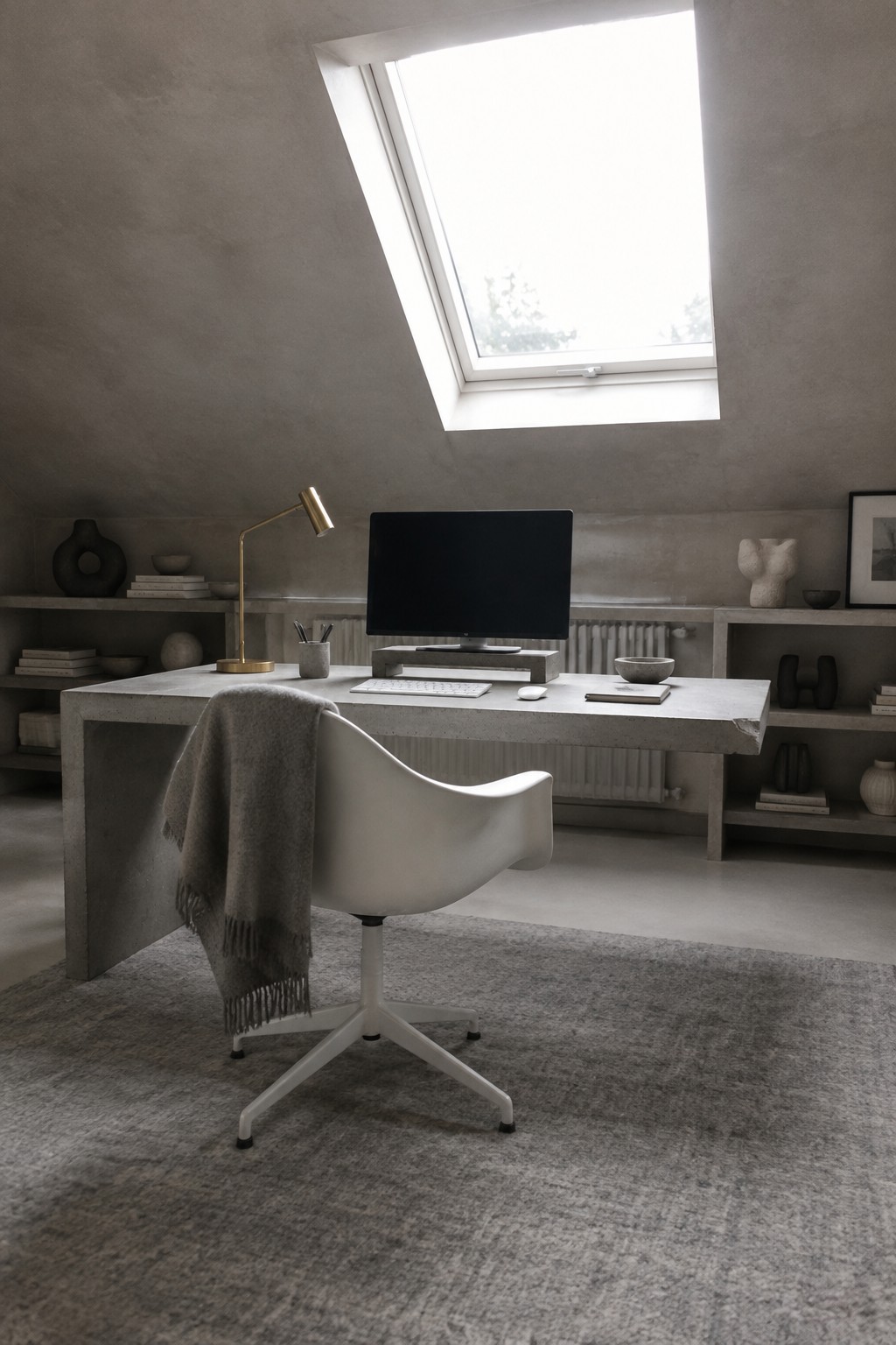 A concrete desk holds a centered computer monitor with a white office chair in front, positioned beneath a large skylight in a minimalist room with built-in shelves.