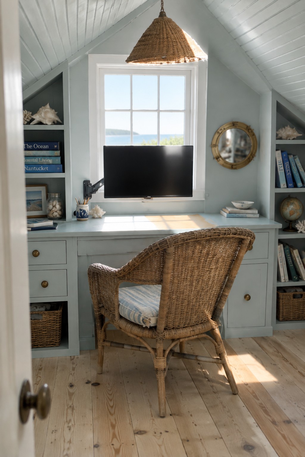 A light blue built-in desk under a window with a black monitor mounted on a black arm, flanked by open bookshelves, and a wicker chair with a striped cushion pulled up to the desk.