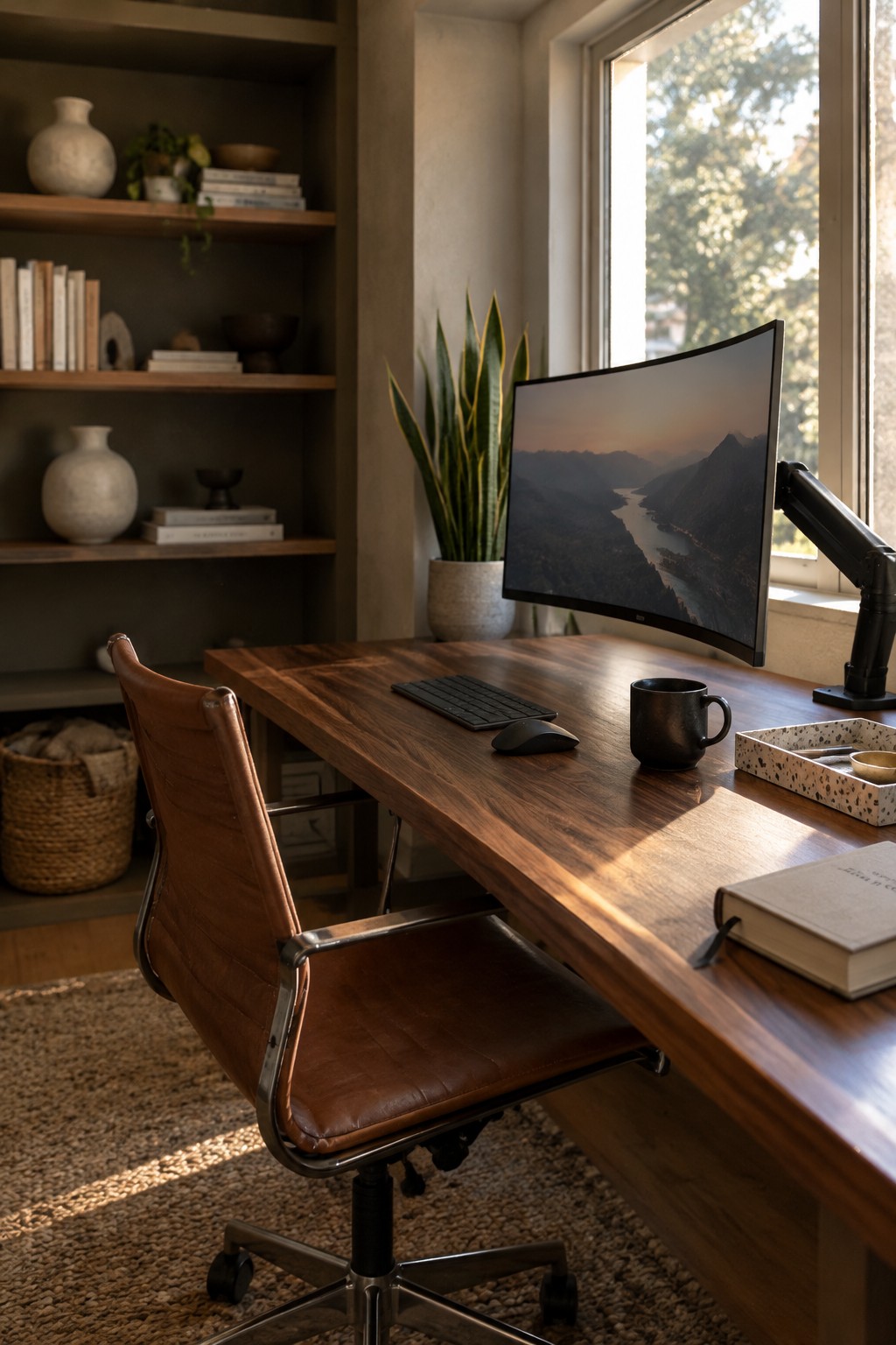 A wooden desk with a curved monitor on a black monitor arm, a brown leather office chair, and built-in shelves with books and pottery.