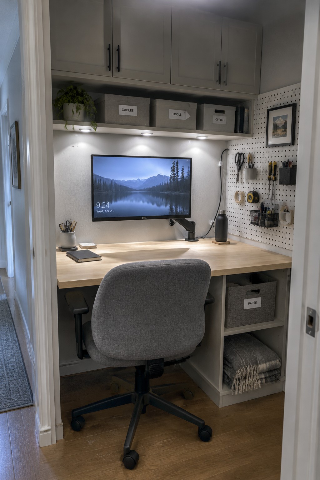 Organized closet office with wooden desk, gray chair, monitor, pegboard, and labeled storage bins