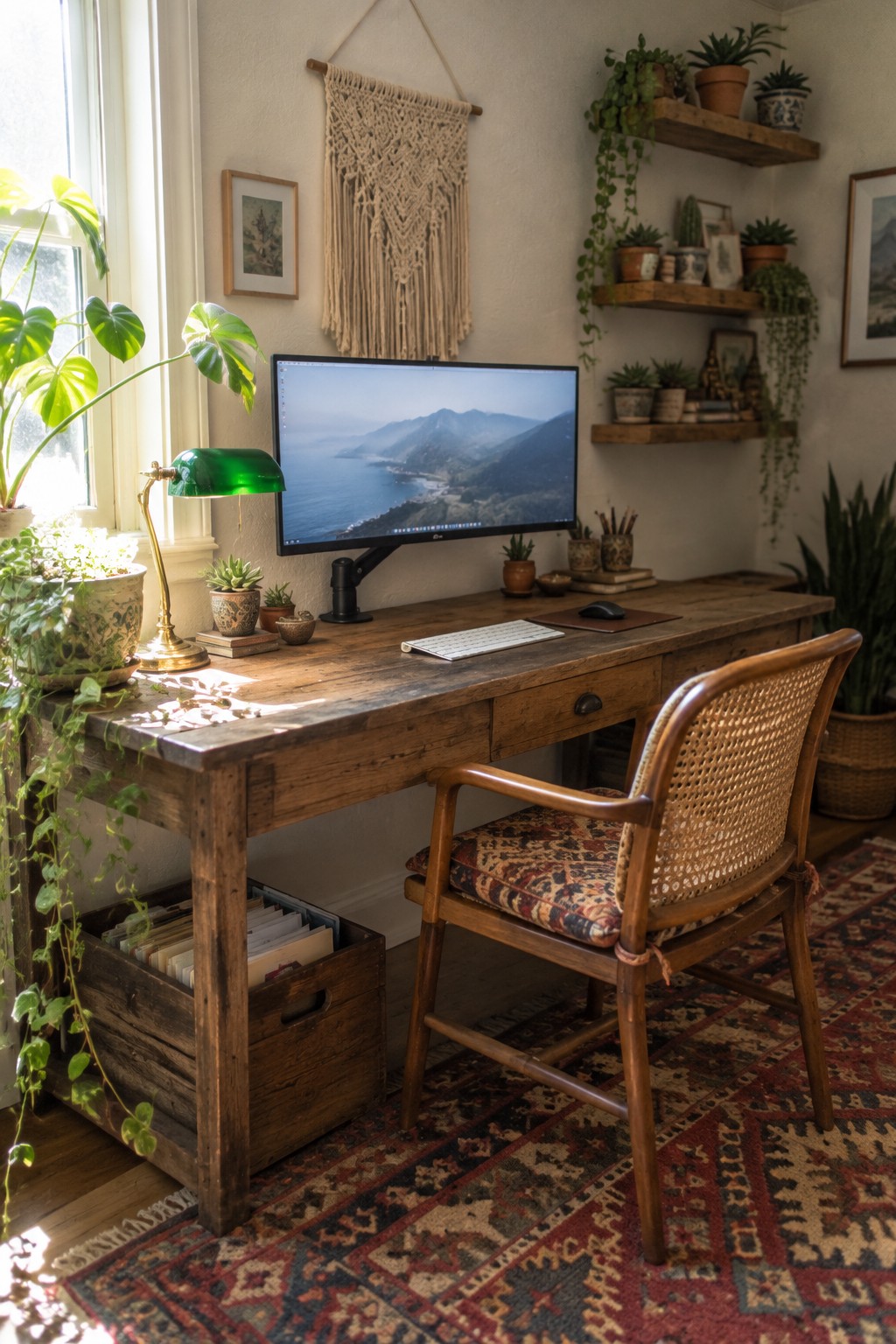 Cozy wooden desk with monitor, wicker chair, green lamp, plants, and macrame hanging in sunlight.