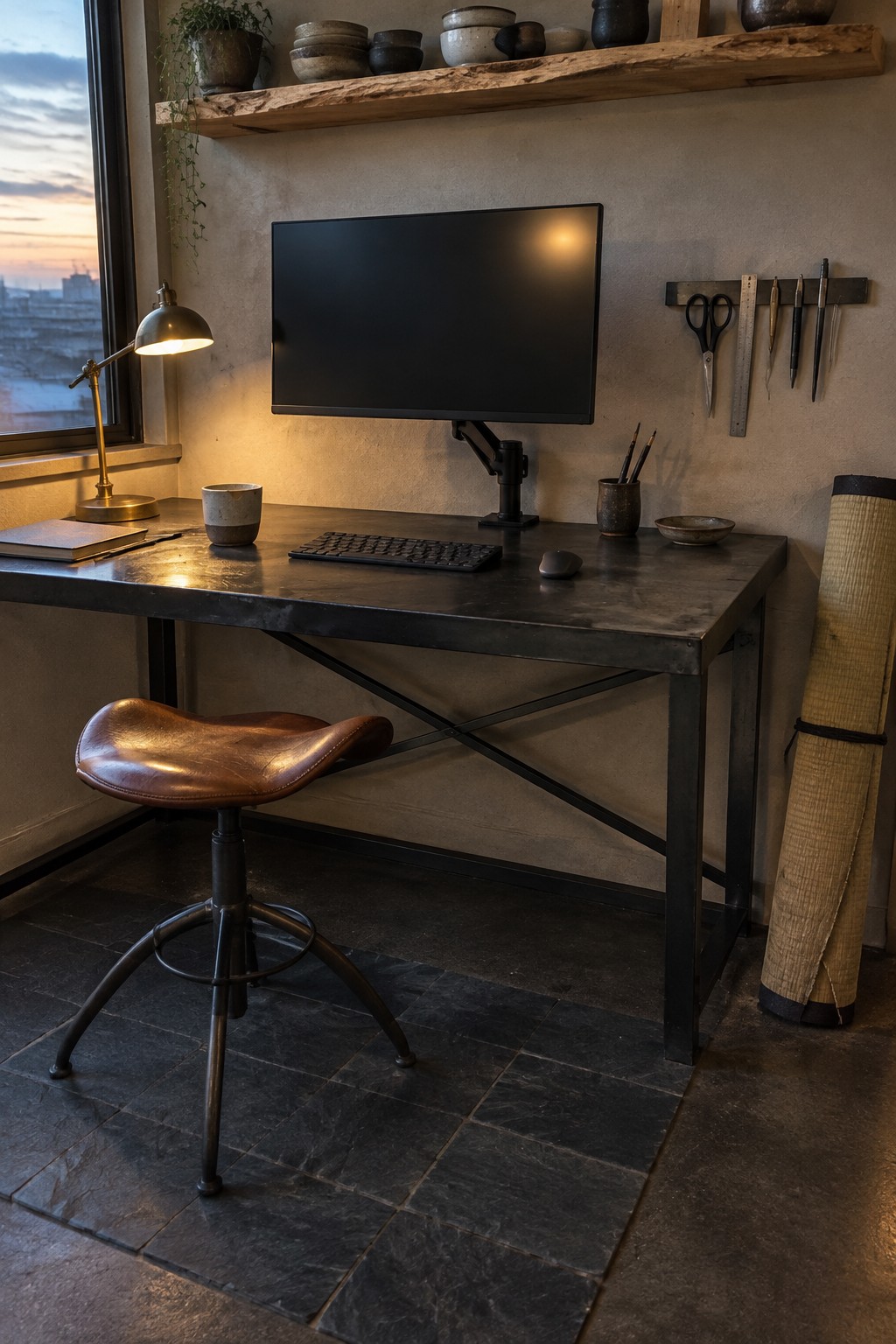 A home office desk with a black computer monitor mounted on an adjustable arm above a dark metal surface, a brown leather stool in front, and a window to the left.