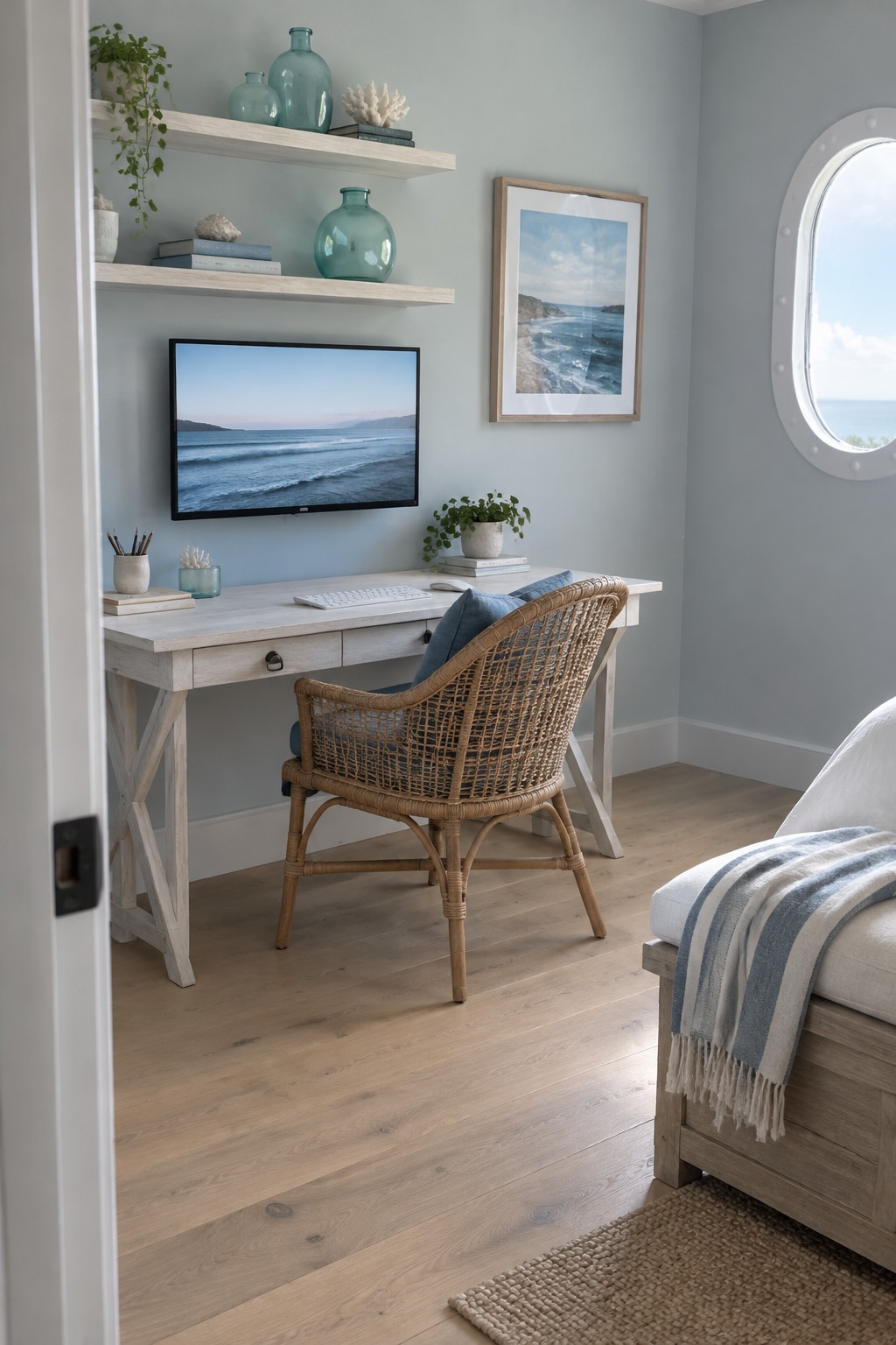 A light wood desk against a pale blue wall with a wall-mounted monitor centered above it and a woven chair in front.