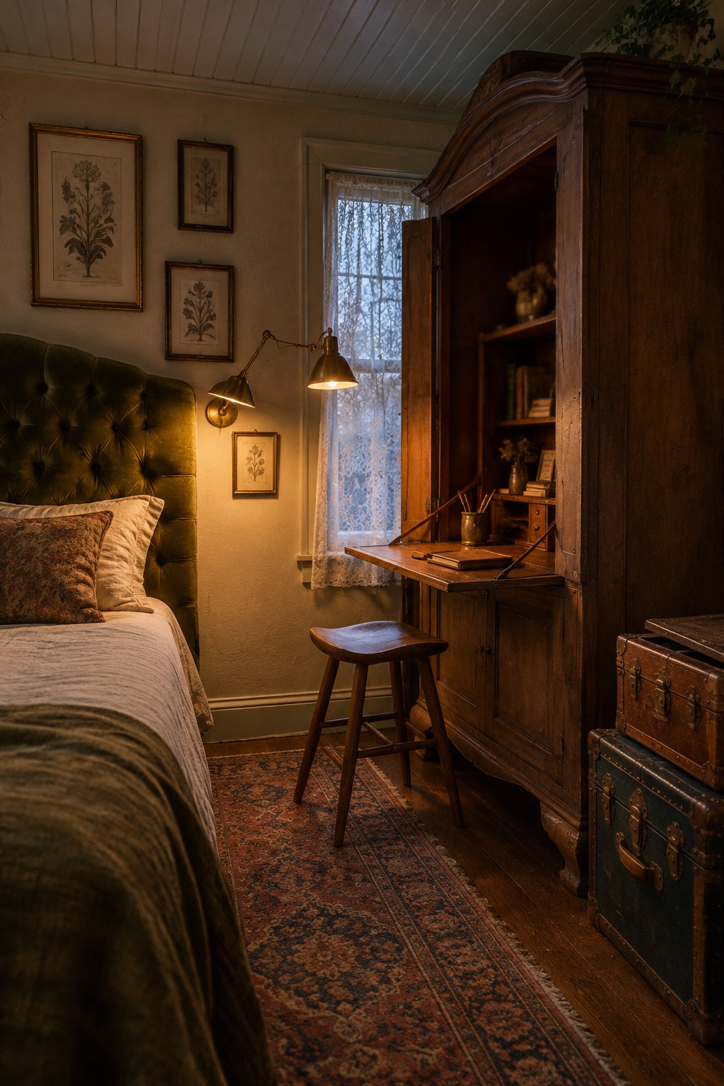 A bedroom interior showing a bed with a green tufted headboard on the left and a large wooden armoire on the right with its doors open to reveal a fold-down desk, shelves, and a wooden stool positioned in front.