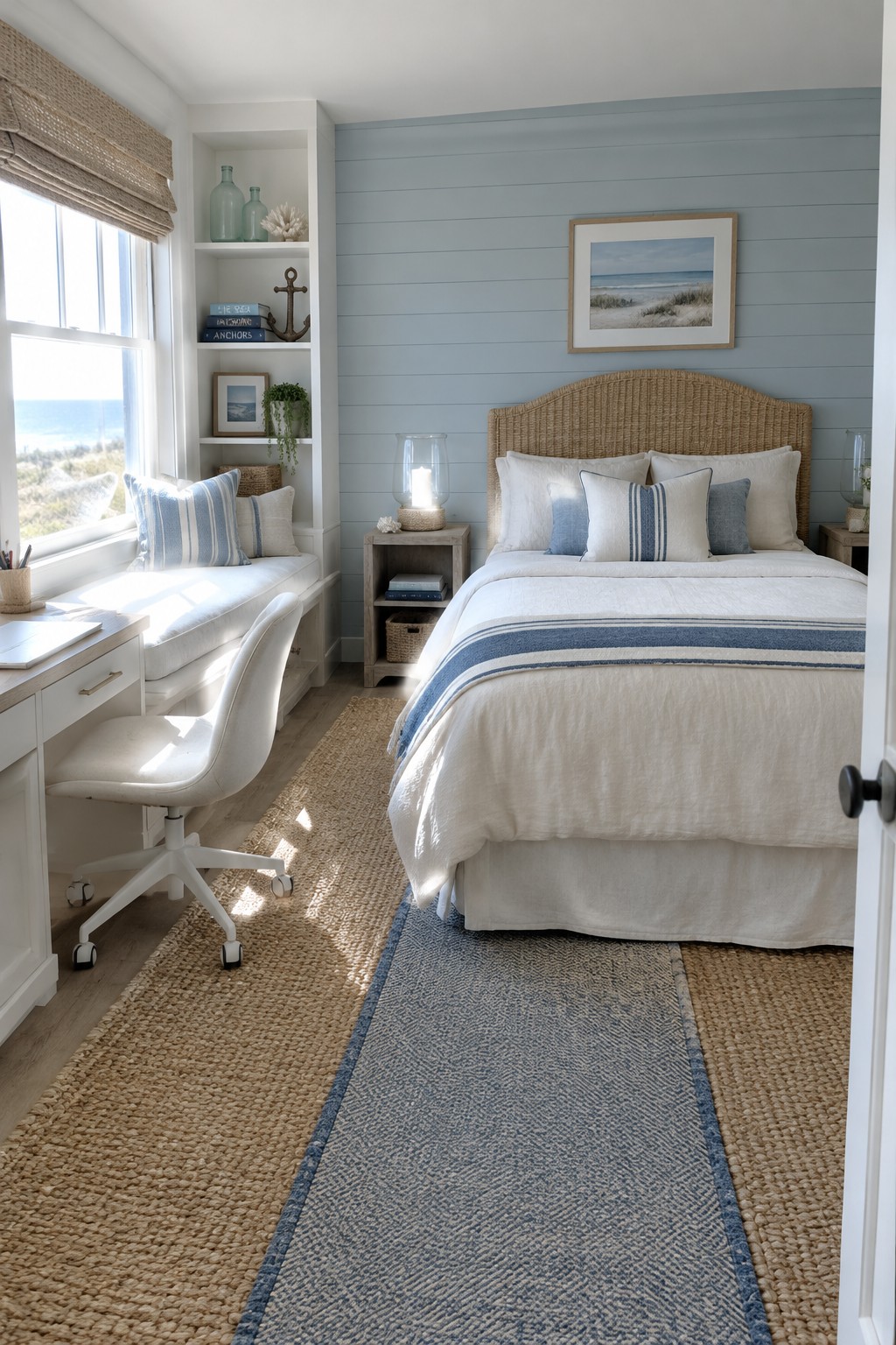 A coastal-style bedroom showing a white built-in desk and cushioned window seat on the left with a woven bed and blue accents on the right.