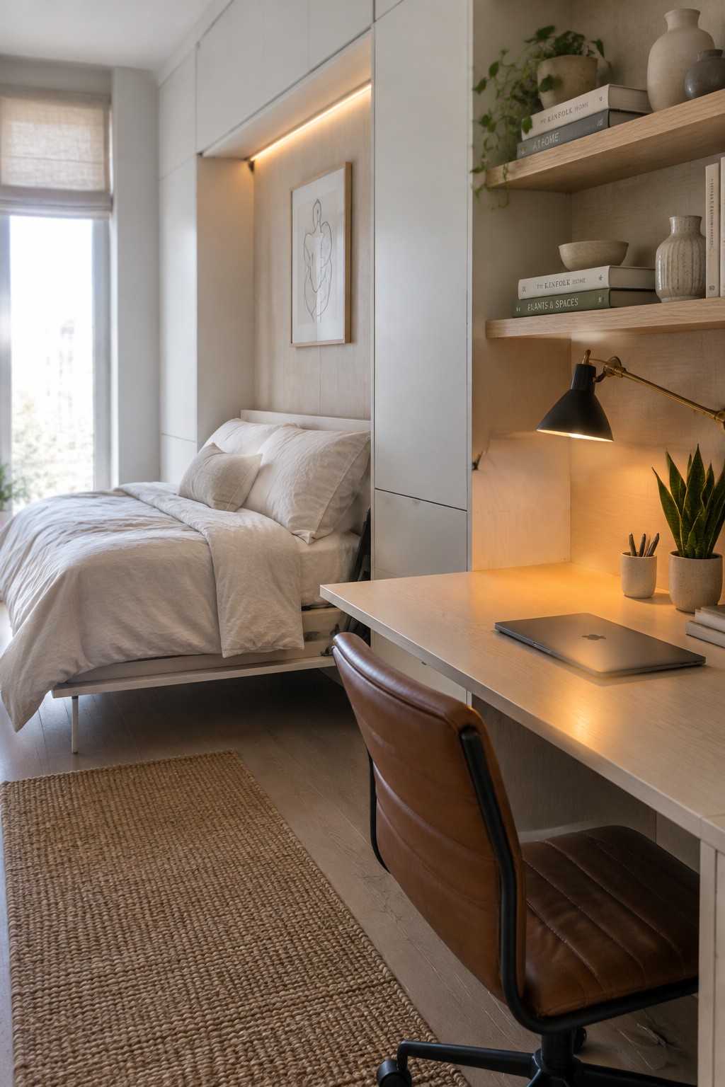 A bedroom interior showing a bed with white bedding on the left and a light wood desk with a brown leather office chair on the right, with open shelves above the desk holding books, vases, and plants.