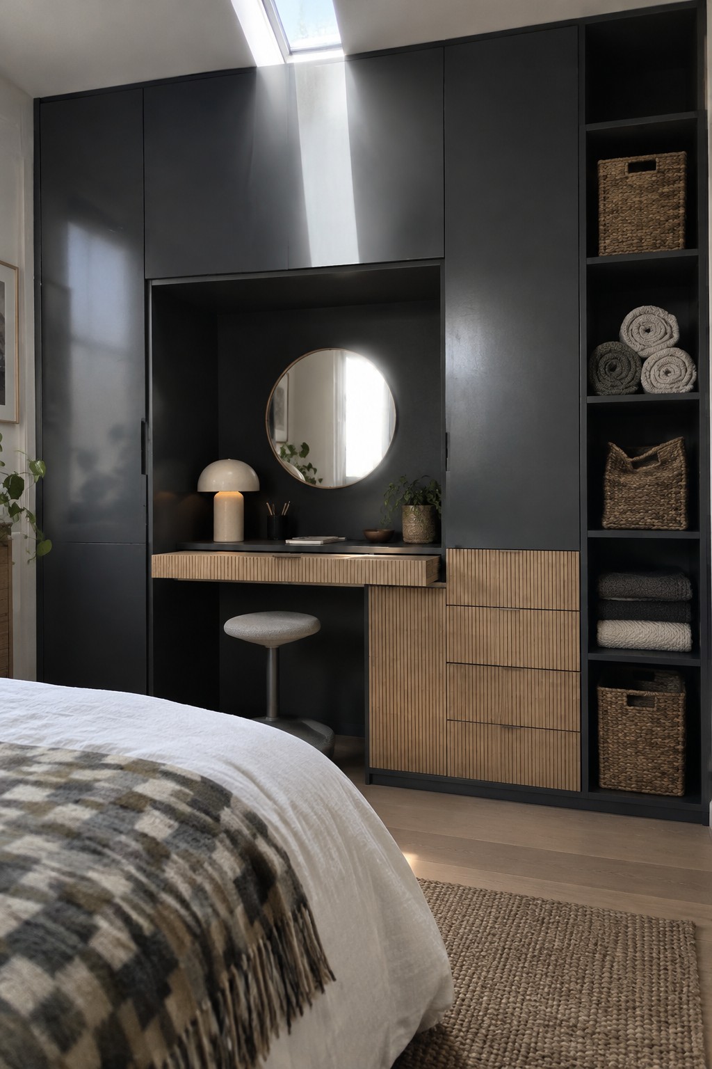 A bedroom interior showing a built-in light wood desk and stool set into a dark cabinet unit with a round mirror above the desk and open shelving holding baskets on the right.