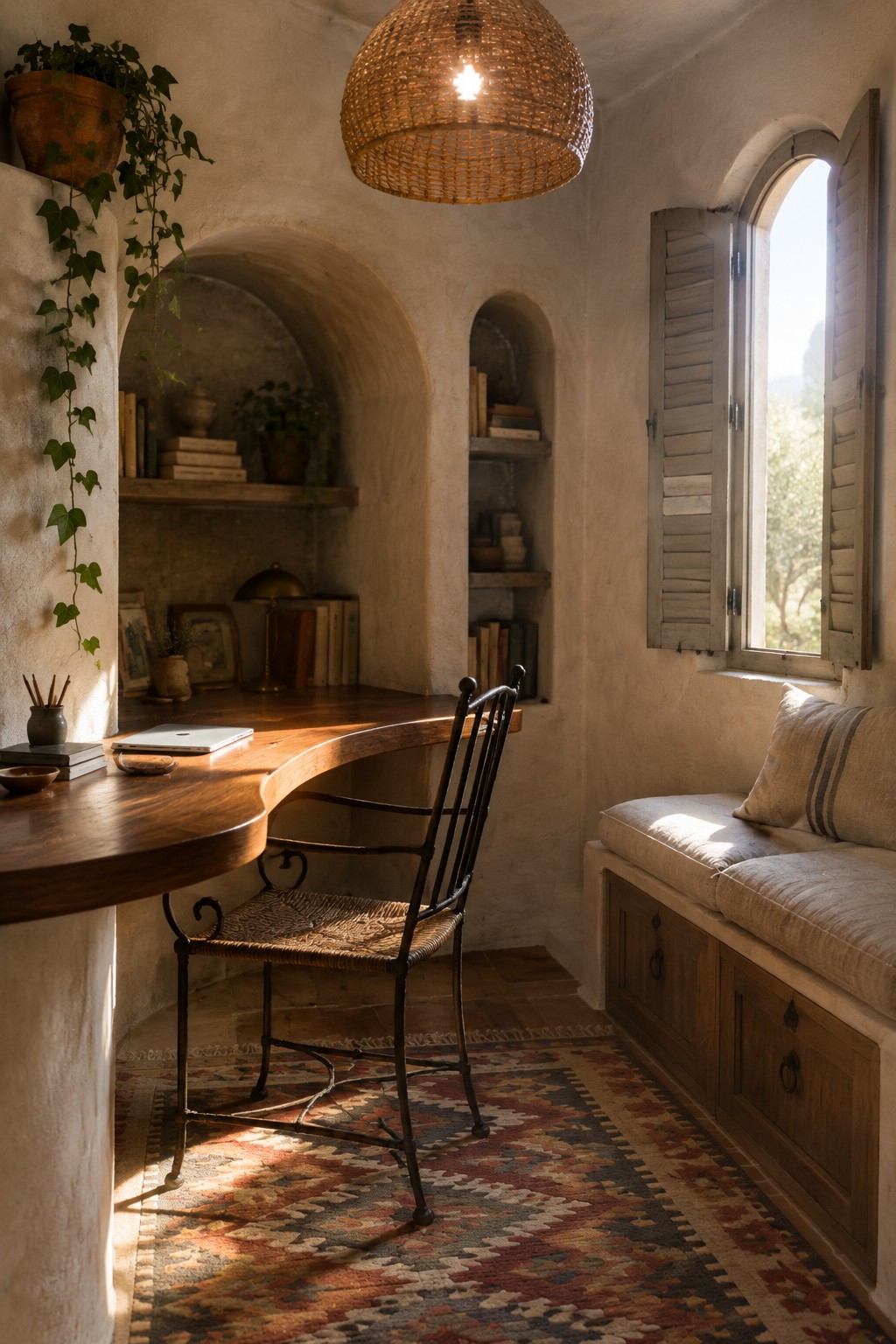 Warm rustic workspace with curved wooden desk, woven chair, glowing wicker lamp, and arched niches.