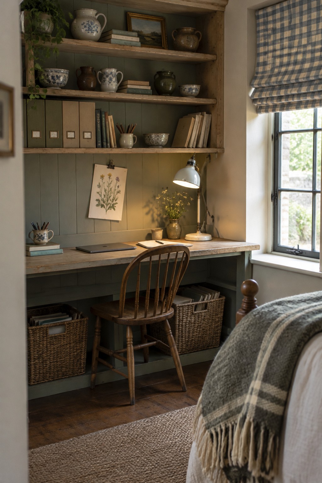 A wooden desk with a spindle chair sits beneath built-in green shelves holding books, pottery, and a desk lamp, with two wicker baskets stored below and a window with a checkered blind to the right.