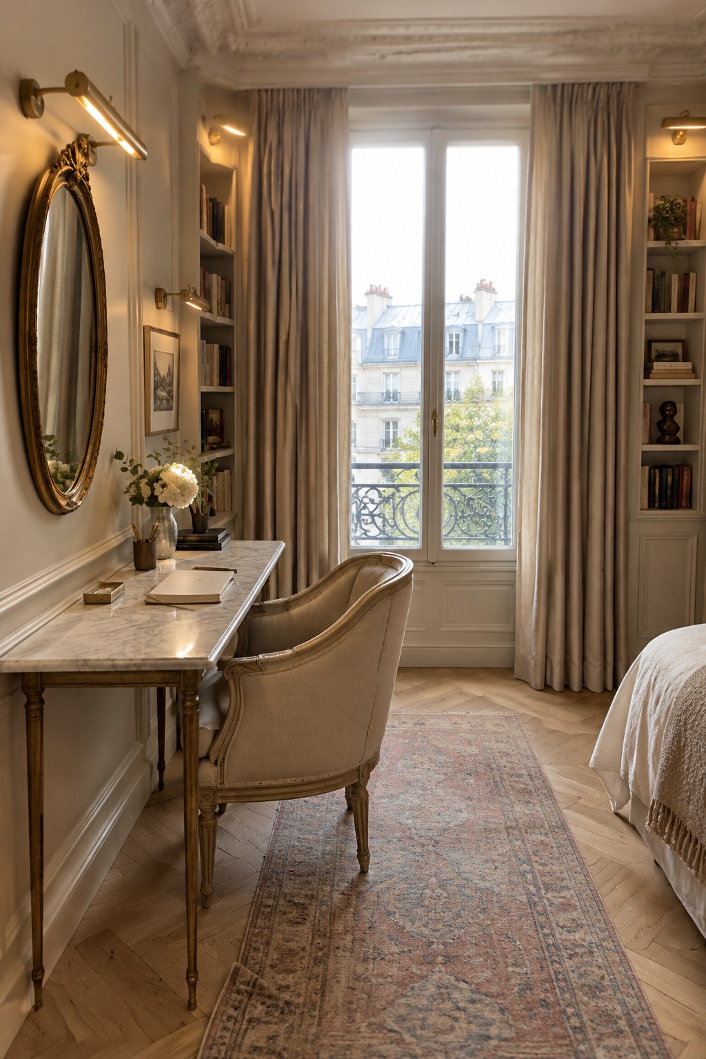 A bedroom home office with a marble desk and upholstered chair in front of a large window, flanked by built-in bookshelves and a gold-framed mirror on the left wall.