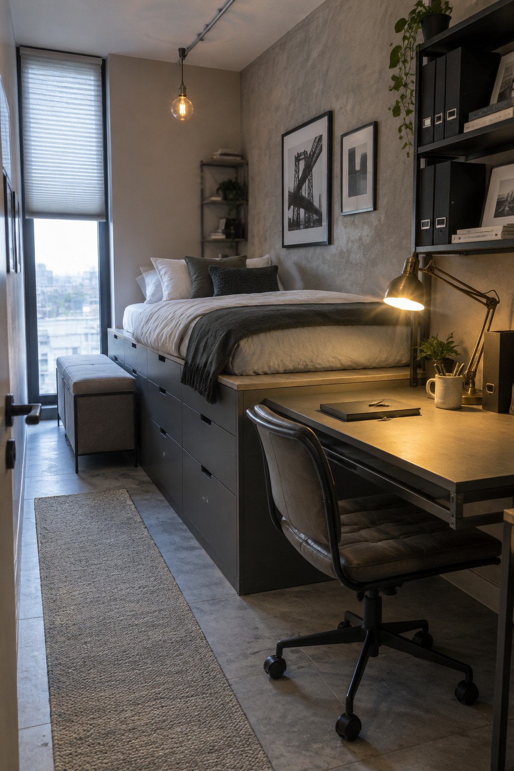 A compact bedroom with a platform bed on dark built-in drawers, a wooden desk with office chair, and a large window with blinds on the left.