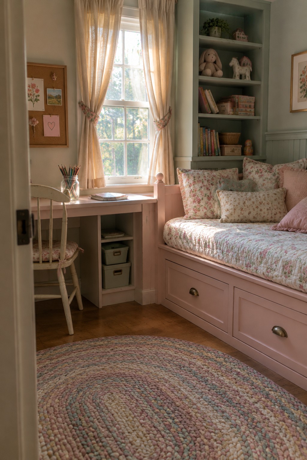 Cozy child's room with pink daybed, white desk, floral pillows, and braided rug.