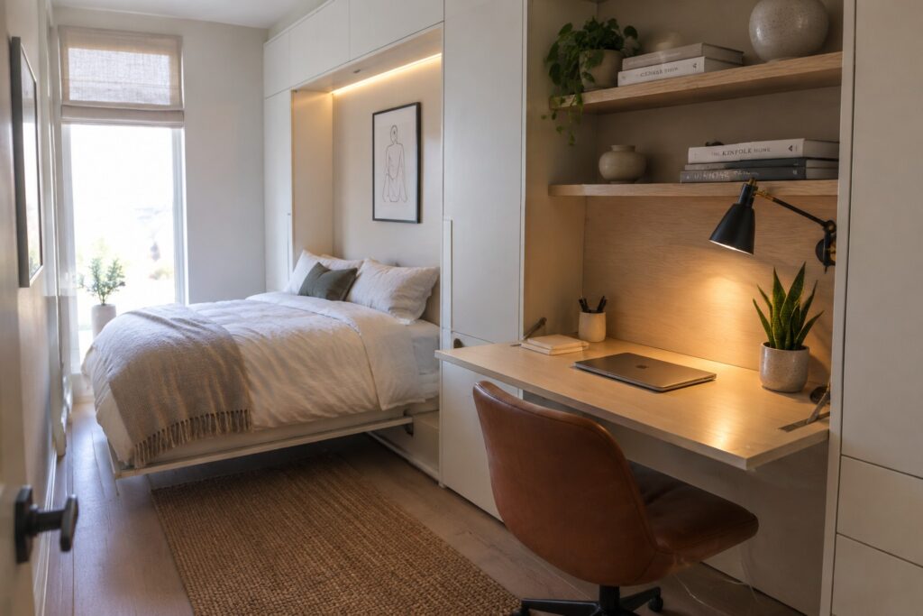 A bedroom interior showing a bed with white bedding on the left and a light wood desk with a brown leather office chair on the right, with open shelves above the desk holding books, vases, and plants.