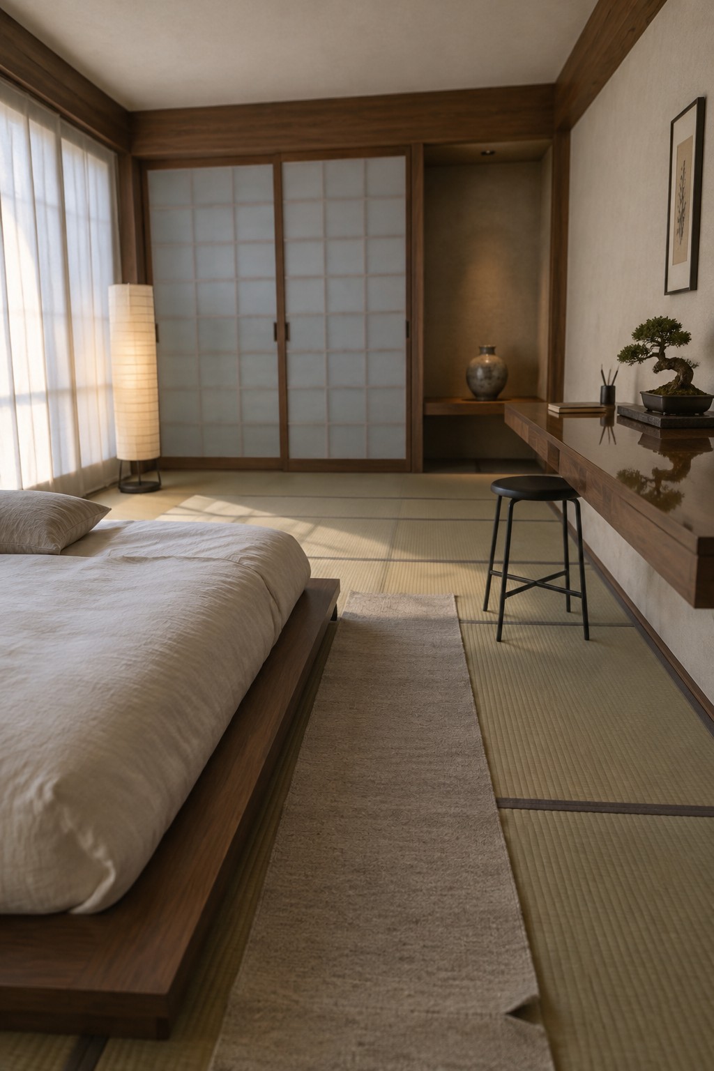 A minimalist Japanese-style bedroom featuring a low wooden bed on tatami mats, shoji screens, and a long floating wooden desk with a black stool along the right wall.