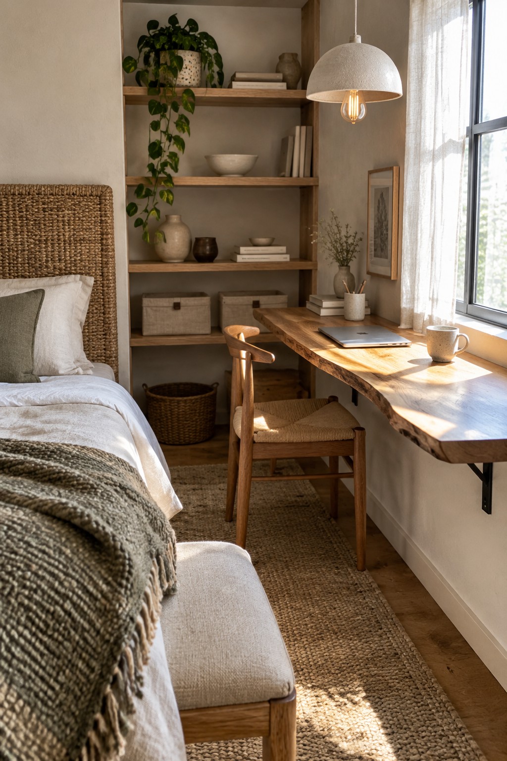 Cozy bedroom with live-edge wooden desk, woven chair, built-in shelves, and bed.