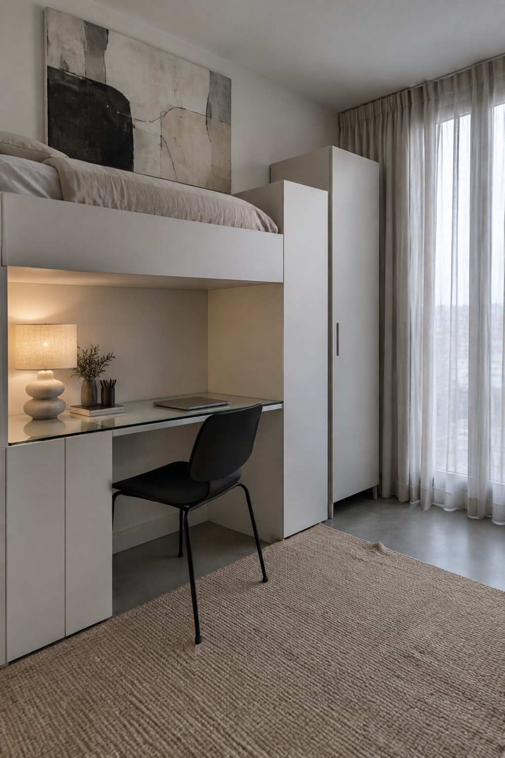 A modern bedroom with a white loft bed above a glass desk, black chair, table lamp, and tall white cabinet next to sheer curtains.