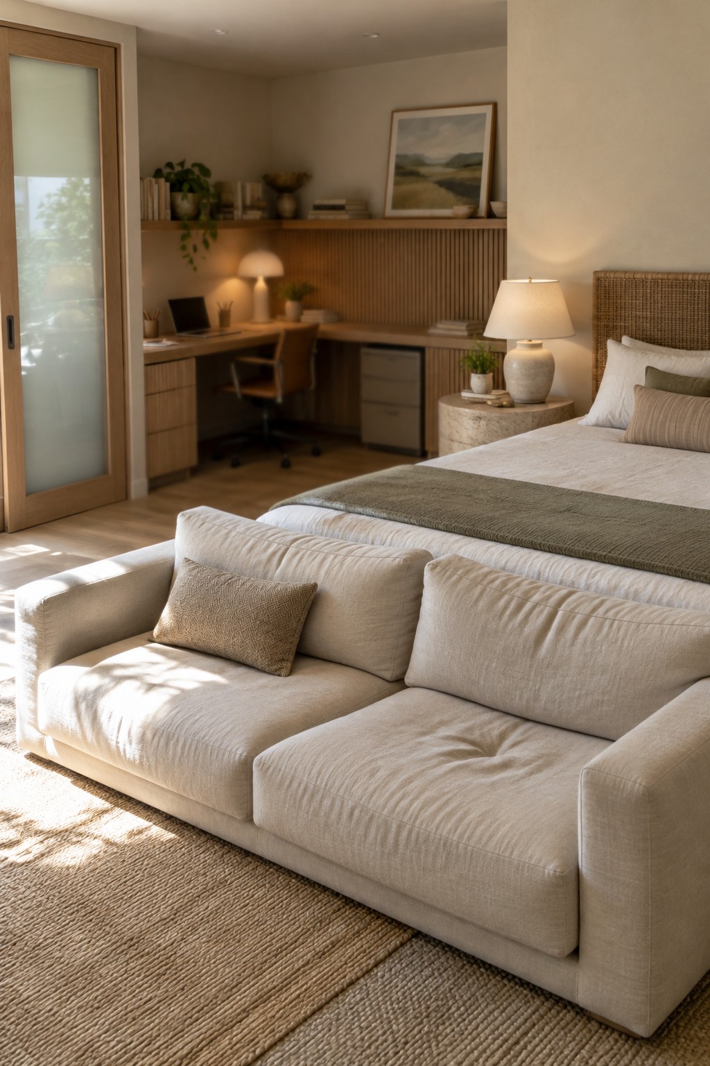 Light-filled bedroom with beige sofa, bed with green throw, woven headboard, and wooden desk.