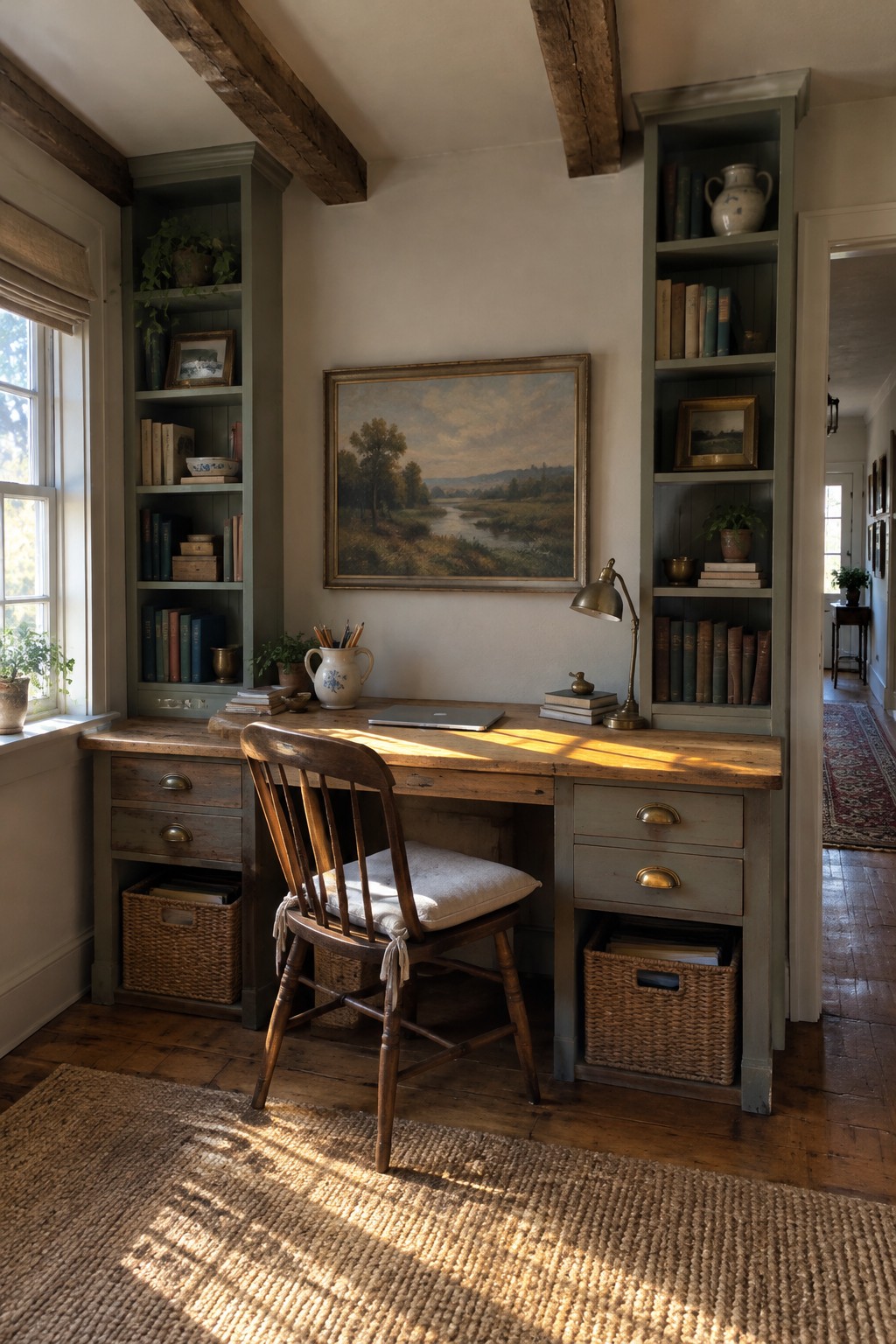 A wooden desk with a wooden chair is positioned between two tall narrow green built-in bookshelves filled with books and items, with woven baskets stored in the lower sections.