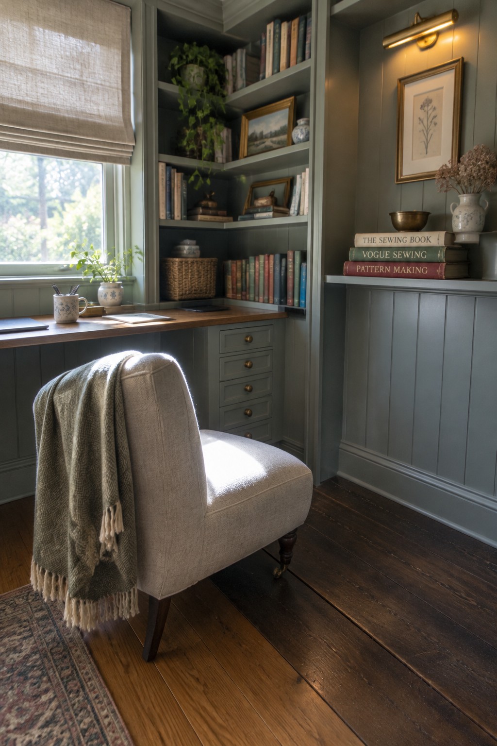 A home office with built-in gray bookshelves filled with books around a wooden desk under a window, and an upholstered chair with a blanket in front.