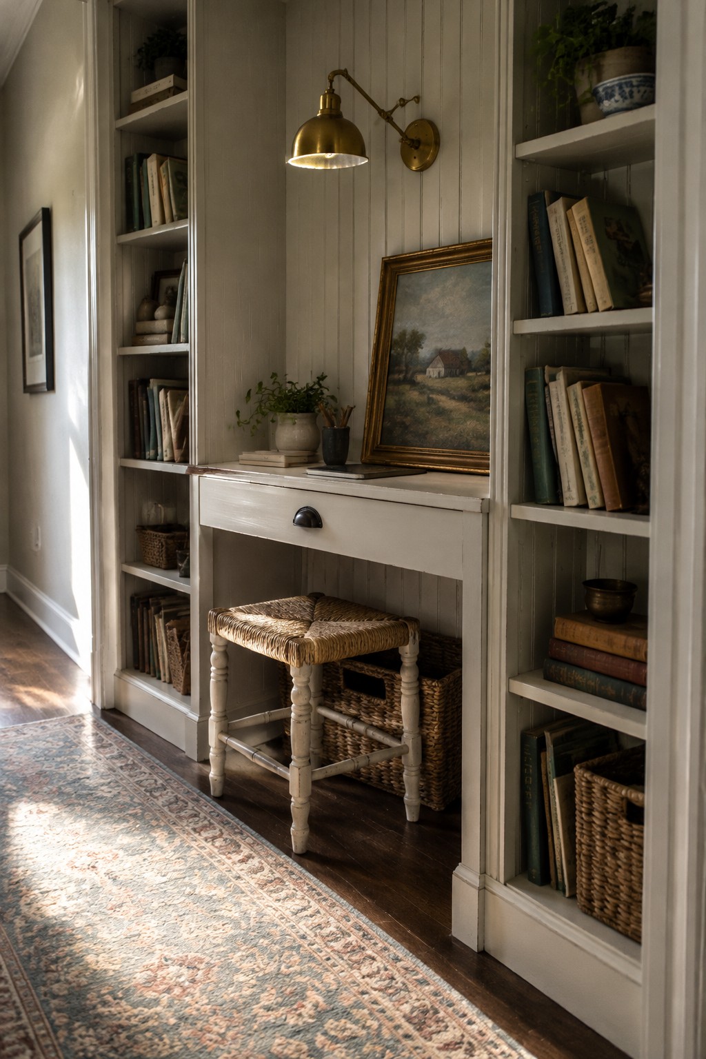 A white built-in desk with narrow bookshelves on both sides, a woven stool underneath, and a wall lamp above a framed painting.