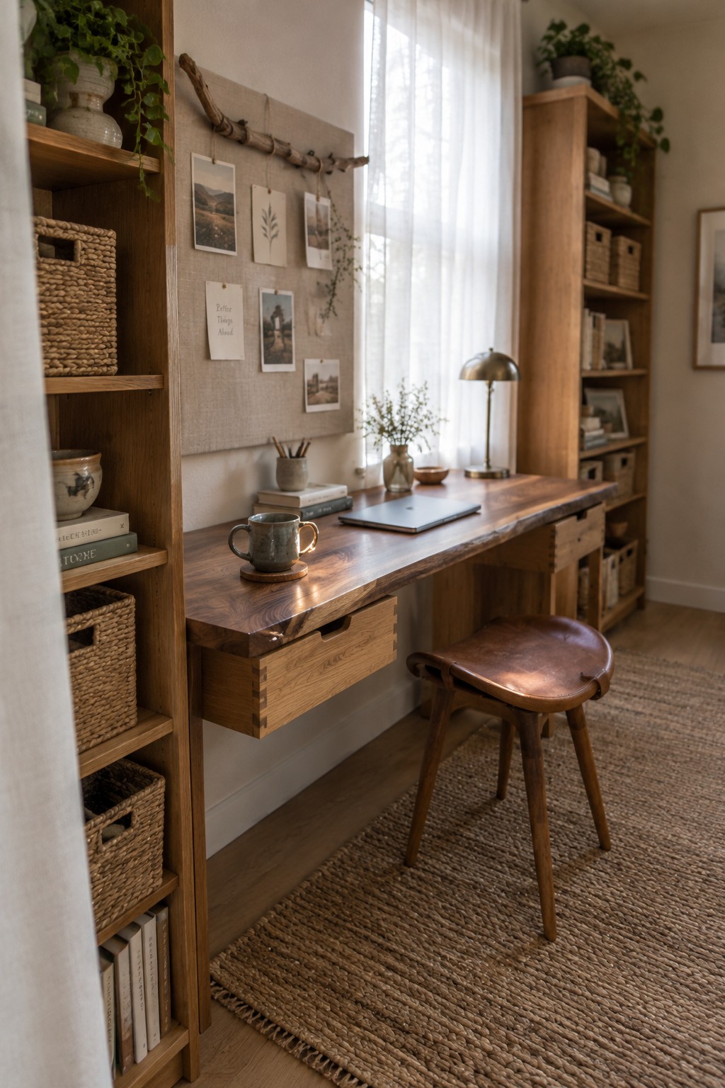 A home office features a wooden floating desk with an open drawer, a laptop, and a mug, flanked by tall narrow wooden bookshelves holding books and woven baskets, with a leather stool on a jute rug.
