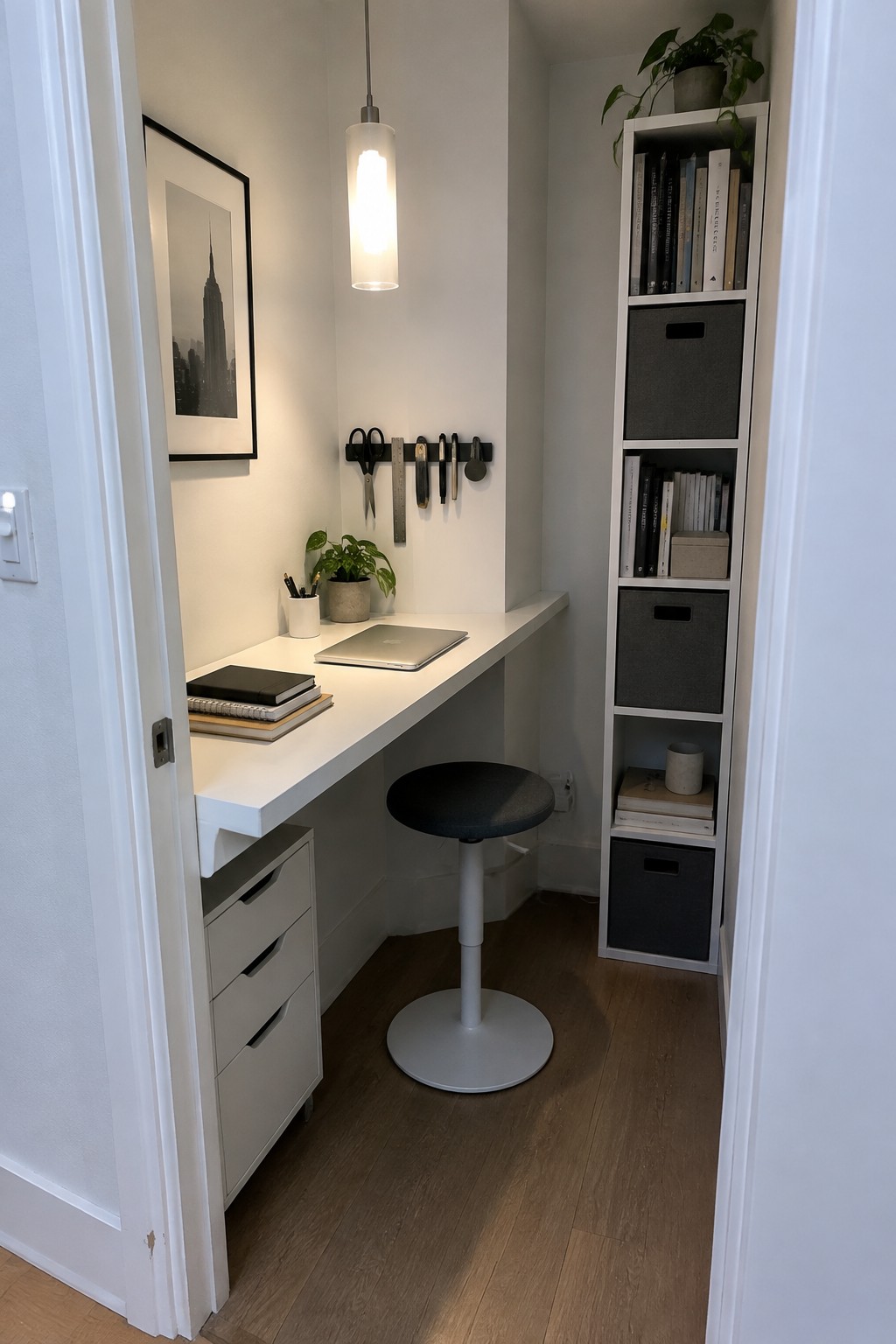A narrow home office nook with a white built-in desk, stool, laptop, and a tall white bookshelf holding books and gray storage bins along one wall.