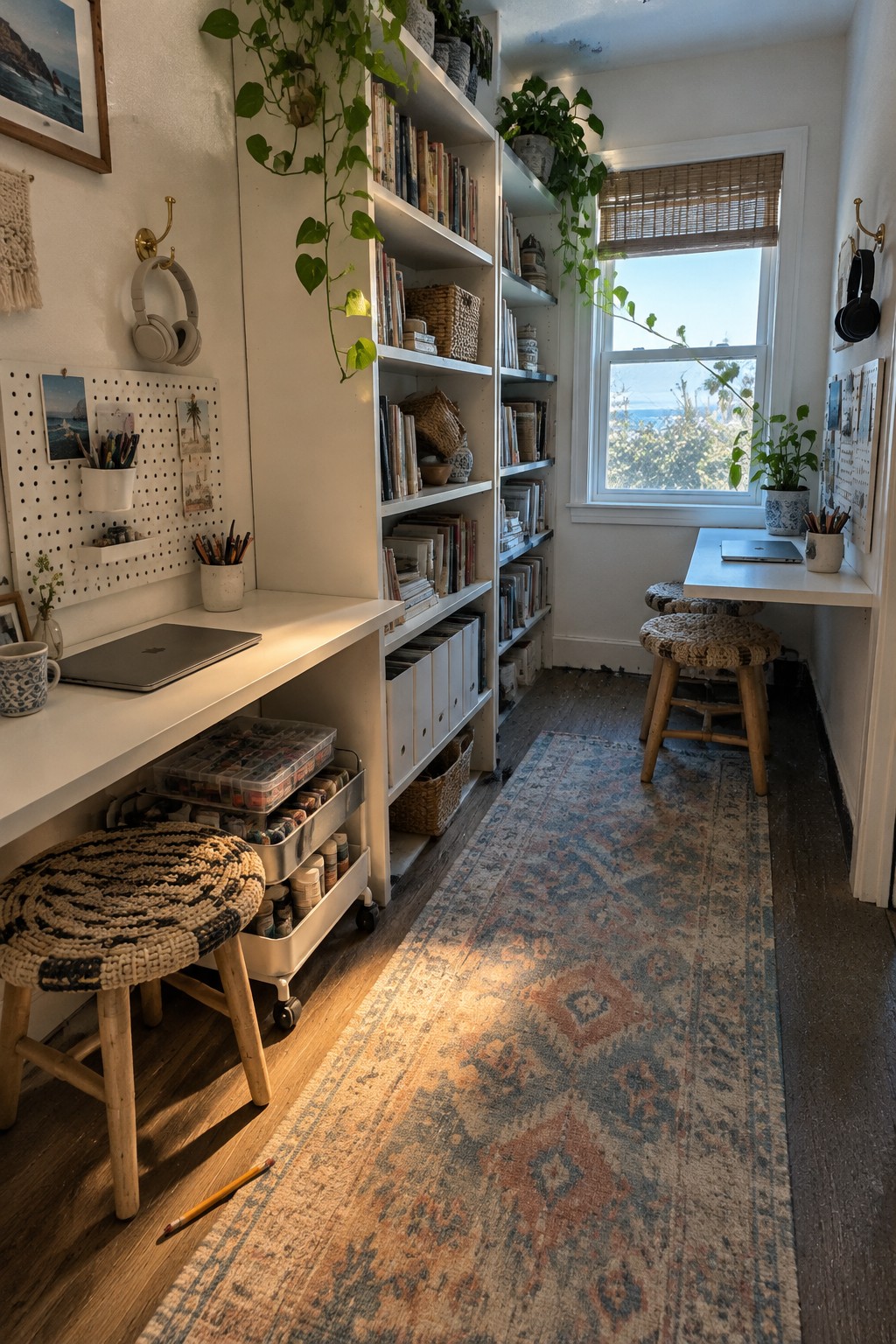 A narrow home office with white built-in bookshelves along one wall, a white desk with a rolling storage cart underneath, two woven stools, and a long patterned rug on dark wood flooring.