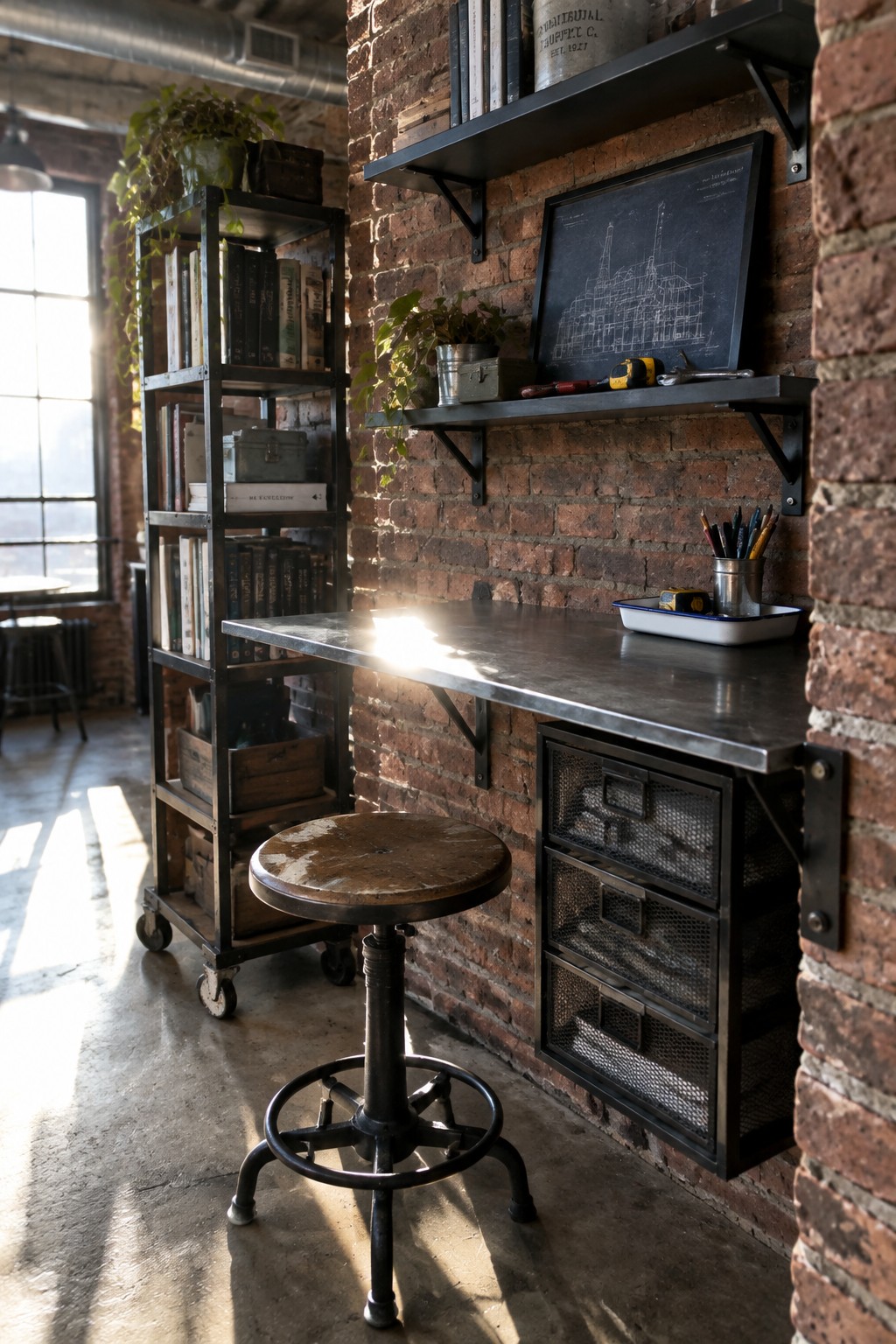 An industrial home office features a tall narrow rolling metal bookshelf beside a wall-mounted desk with three mesh drawers underneath, set against a red brick wall.