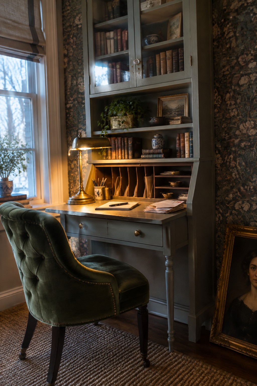A home office with a gray built-in desk and tall narrow hutch filled with books and small decor items, paired with a green upholstered chair.