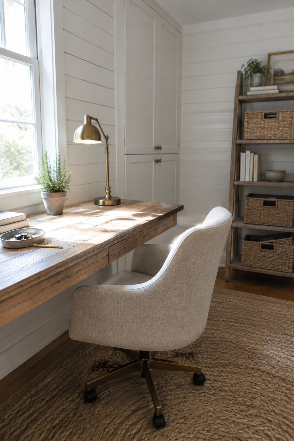 Beige upholstered chair at rustic wooden desk with brass lamp in sunlit office