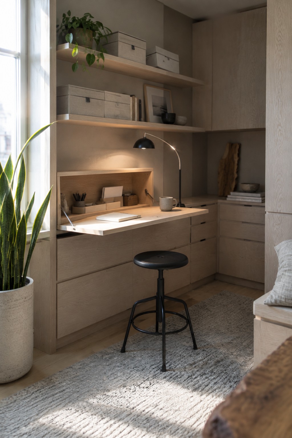 A light wood built-in desk with fold-out surface, black stool, open shelves holding storage boxes and books, and a large potted plant beside a window.