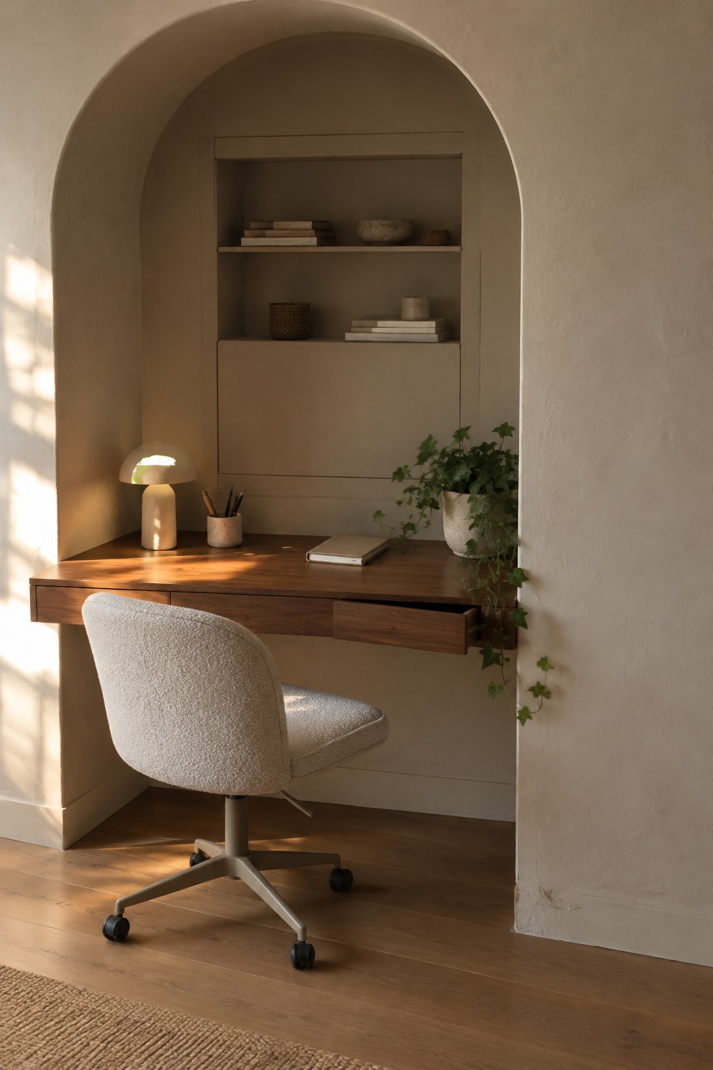 A wooden built-in desk with two drawers inside an arched alcove, a white bouclé office chair in front, and a small lamp on the desk surface.