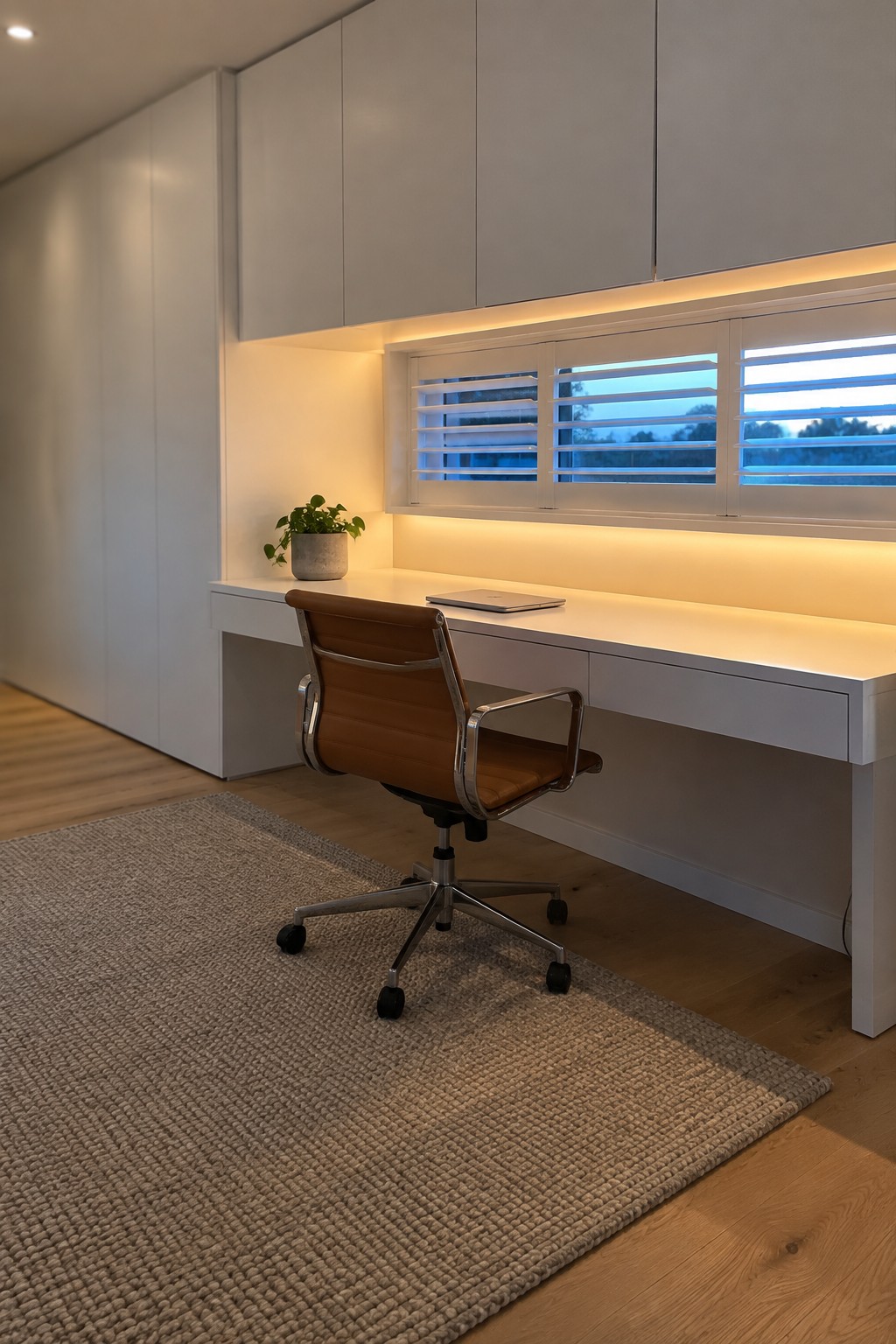 A minimalist home office with a long white built-in desk, brown leather chair on a textured rug, light gray upper cabinets, and under-cabinet lighting above a window with white shutters.