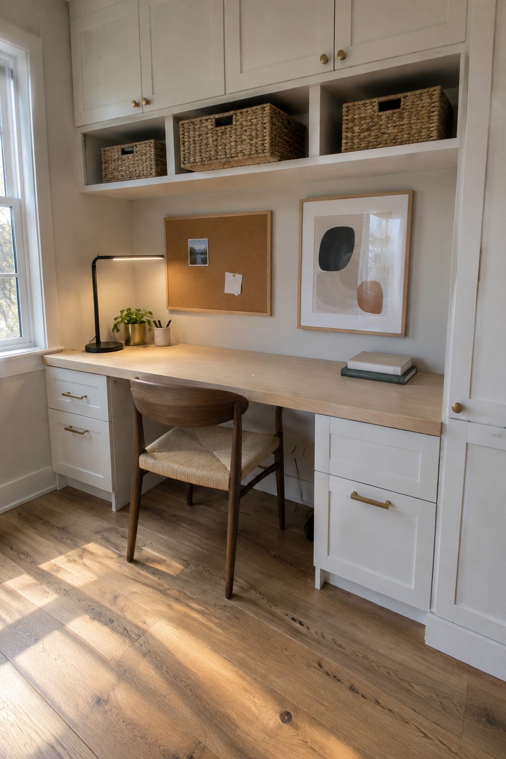 A minimalist home office features a light wood desk with white built-in cabinets and drawers below, open upper shelving with woven baskets, a wooden chair, and a corkboard with art on the wall.