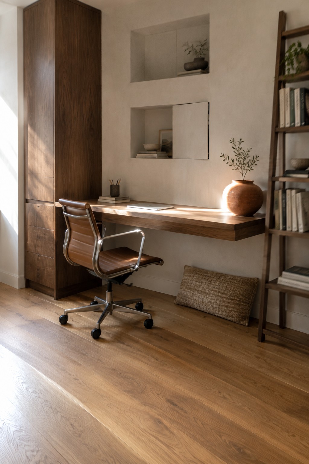 A minimalist home office featuring a floating wood desk, brown leather chair, tall dark wood cabinet on the left, recessed wall niches with books and decor, and a wooden ladder shelf on the right.