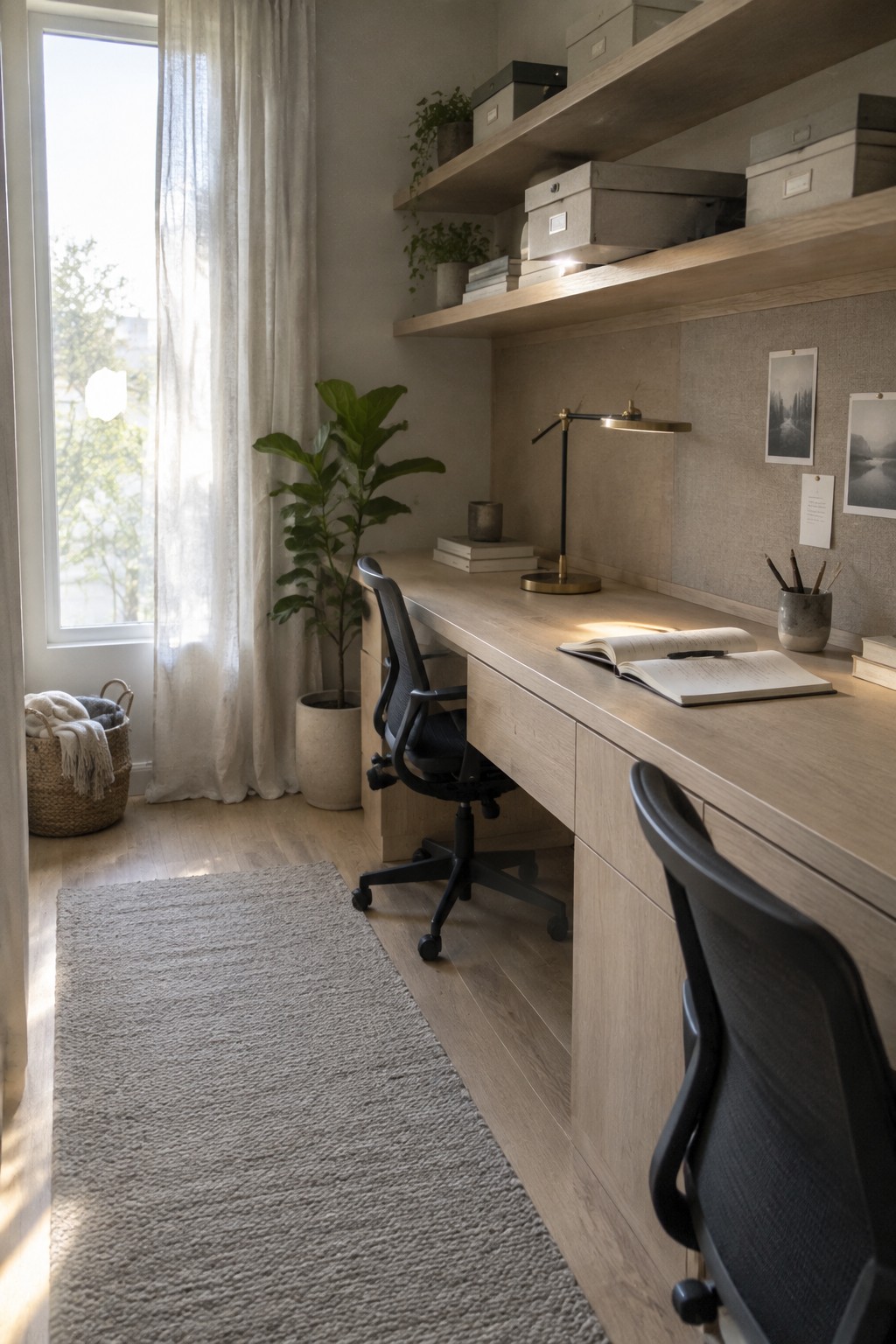 A light wood desk with multiple drawers and floating shelves holding storage boxes in a minimalist home office with a black chair and large window.